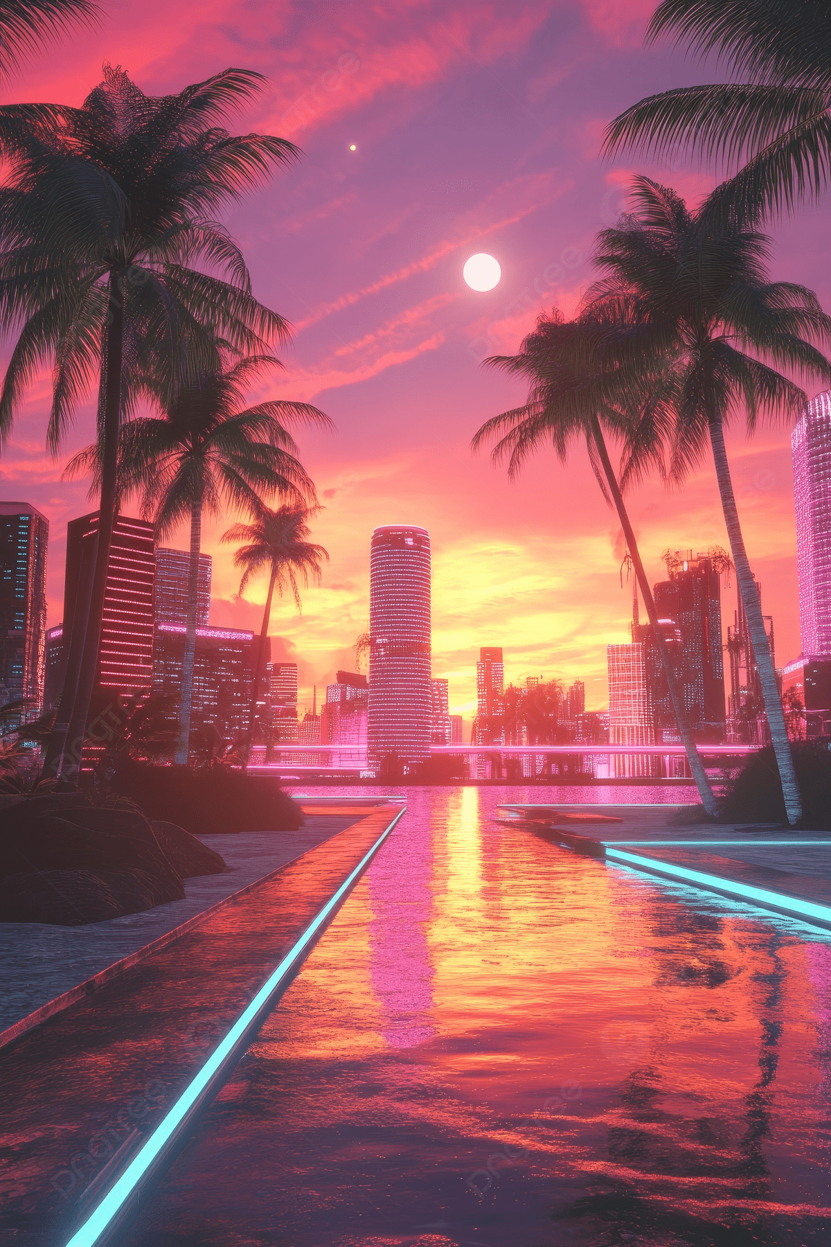 1200x1800 1980s Synthwave Cityscape With Palm Trees And Neon Lights Against A Sunset Sky Photo And Picture For Free Download