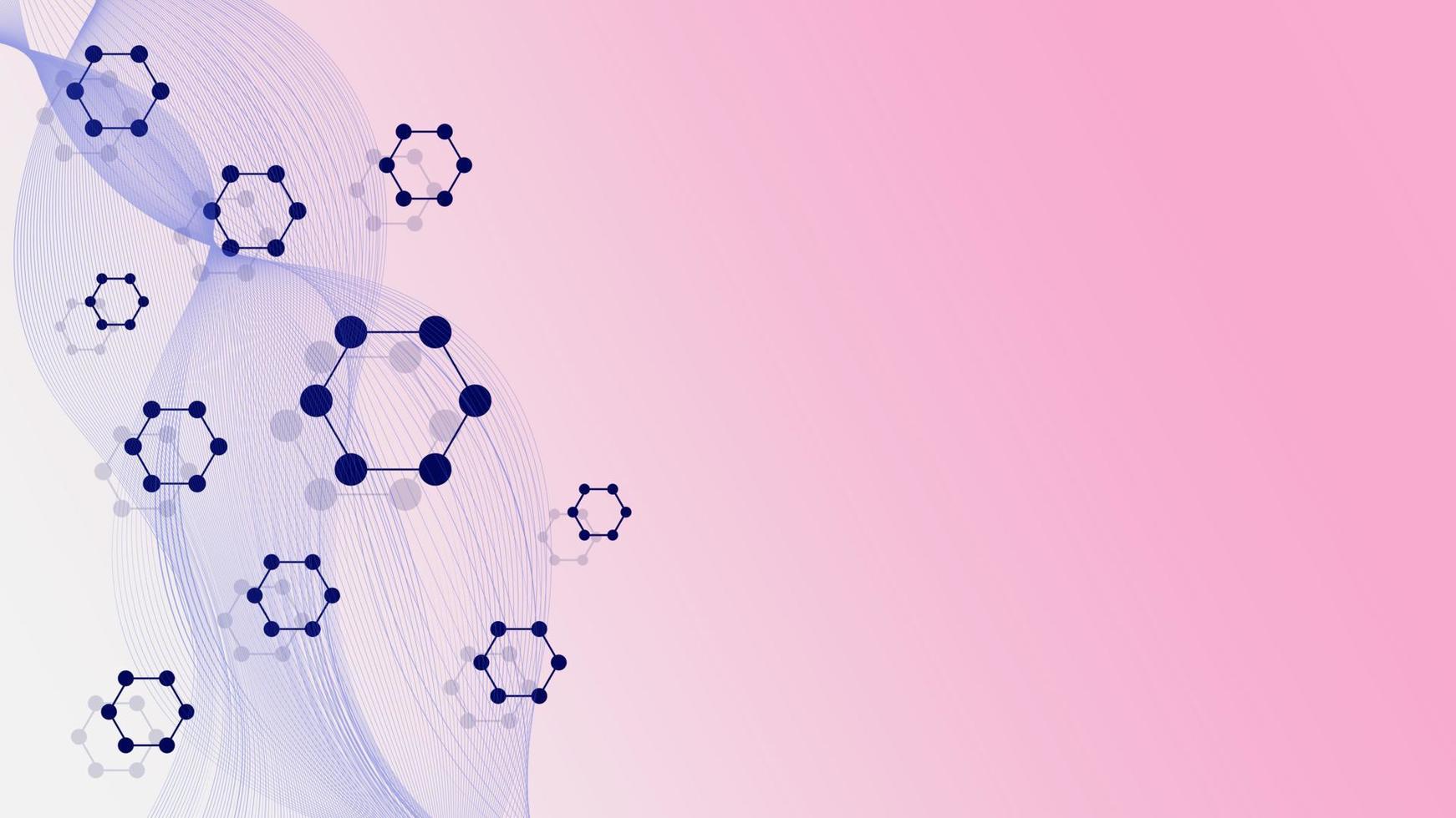 1742x980 Hexagonal molecule structure DNA, medical, chemistry, science and technology with wave flow on gradient pink and white background. Vector illustration
