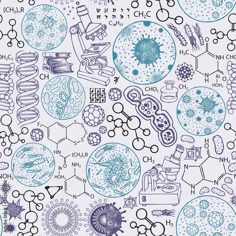 1000x1000 Image vectorielle Stock Vector seamless pattern on the theme of chemistry, biology, medicine, genetics. Abstract background with cartoon colored drawings. Suitable for wallpaper, wrapping paper, fabric, textile