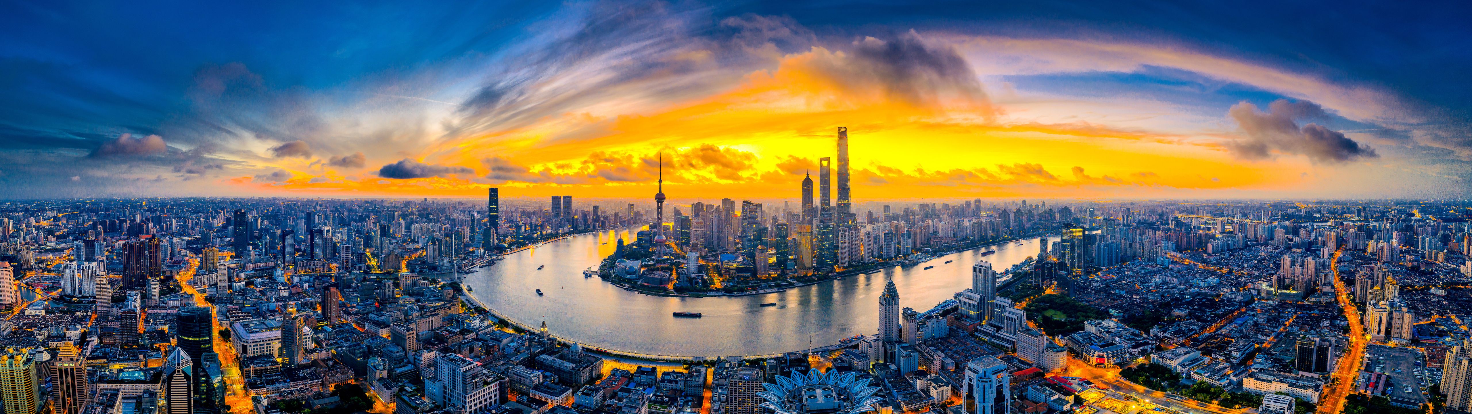 5120x1440 Desktop wallpaper: Man Made, Shanghai, Architecture, China, Night, Cities 4K free download for PC. 1186382