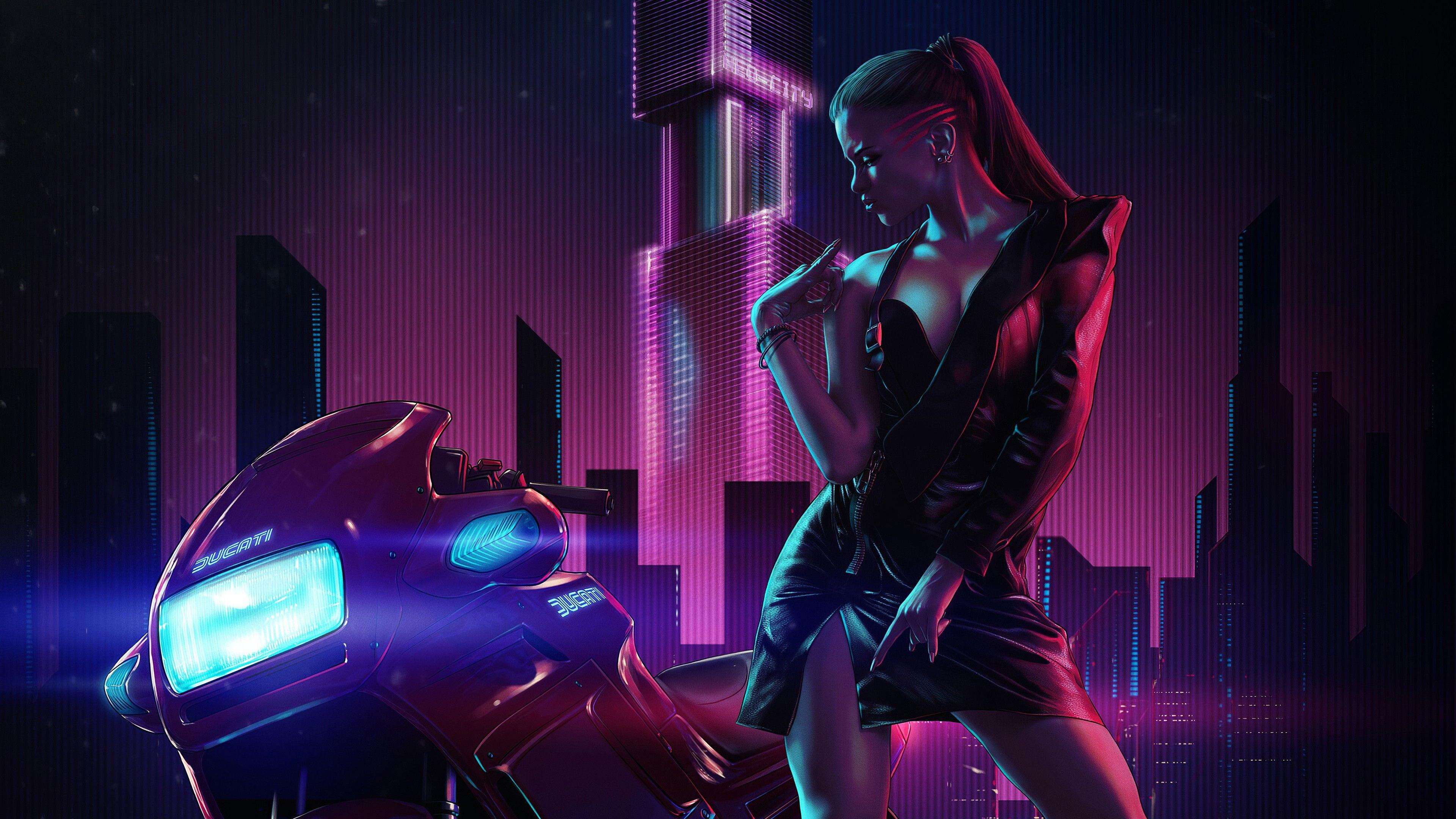 3840x2160 Cyberpunk Girl With Ducati 4K HD Vaporwave Wallpaper