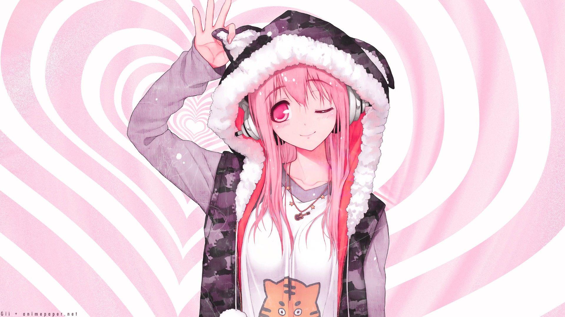 1920x1080 headphones, pink hair, red eyes, blush, Super Sonico, anime girls wallpaper