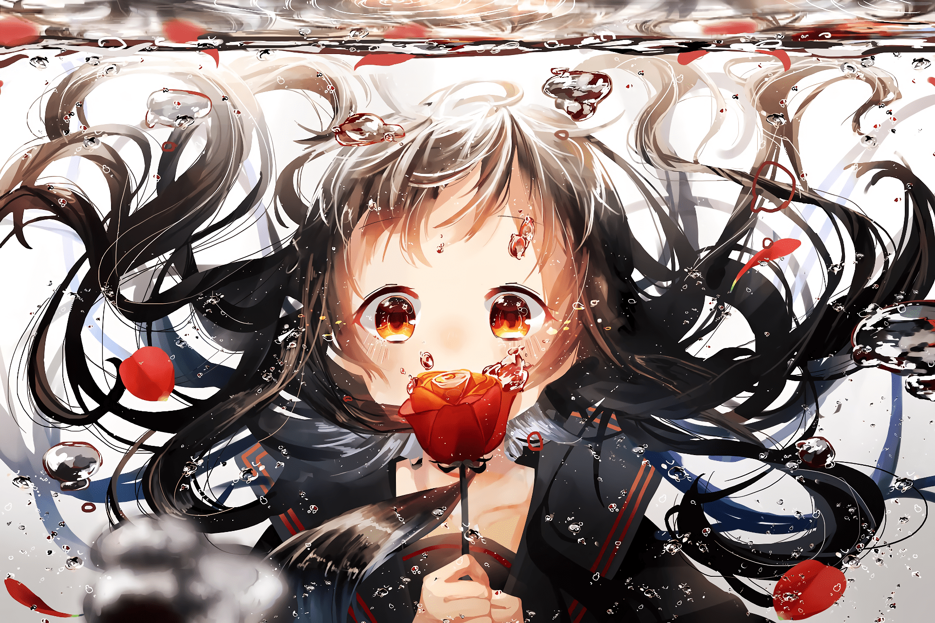 1920x1280 Anime Anime Girls Original Characters Looking At Viewer Long Hair Black Hair Orange Eyes Underwater Wallpaper:1920x1280