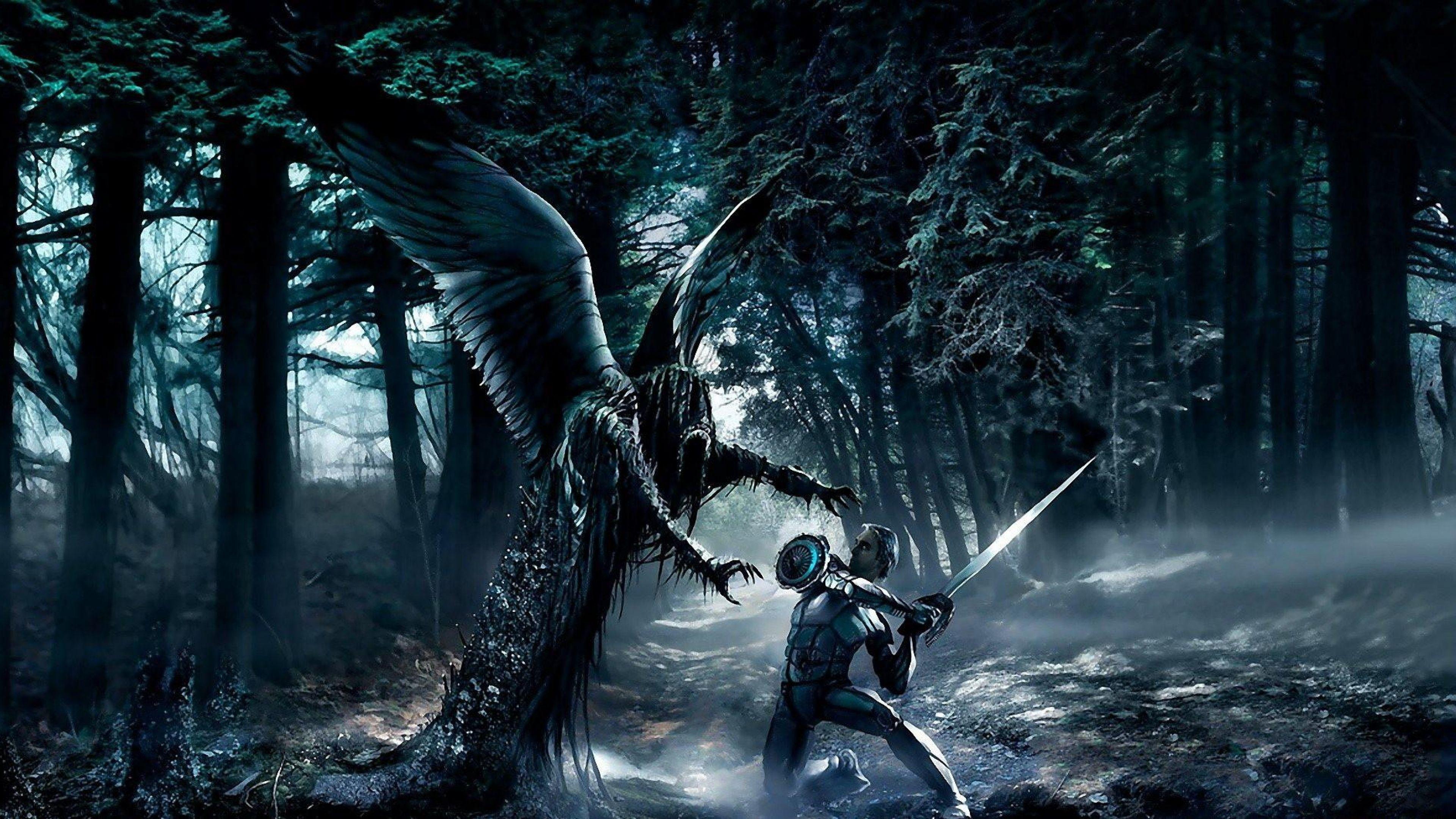 3840x2160 Download Wallpaper 3840x2160 Demon, Wings, Forest, Warrior, Sword