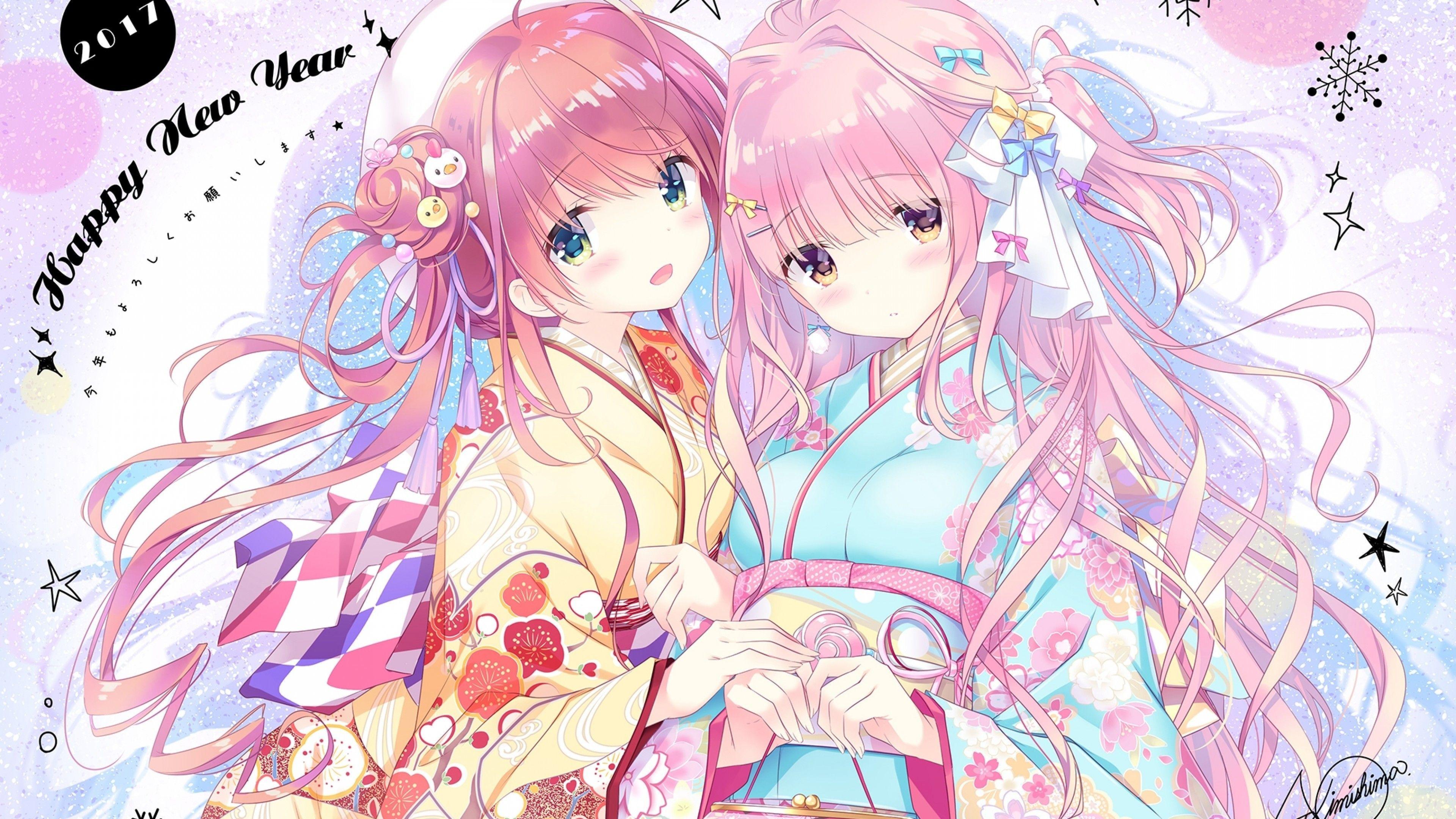 3840x2160 Download 3840x2160 Anime Girls, Happy New Year Japanese Clothes, Cute, Pink Hair Wallpaper for UHD TV
