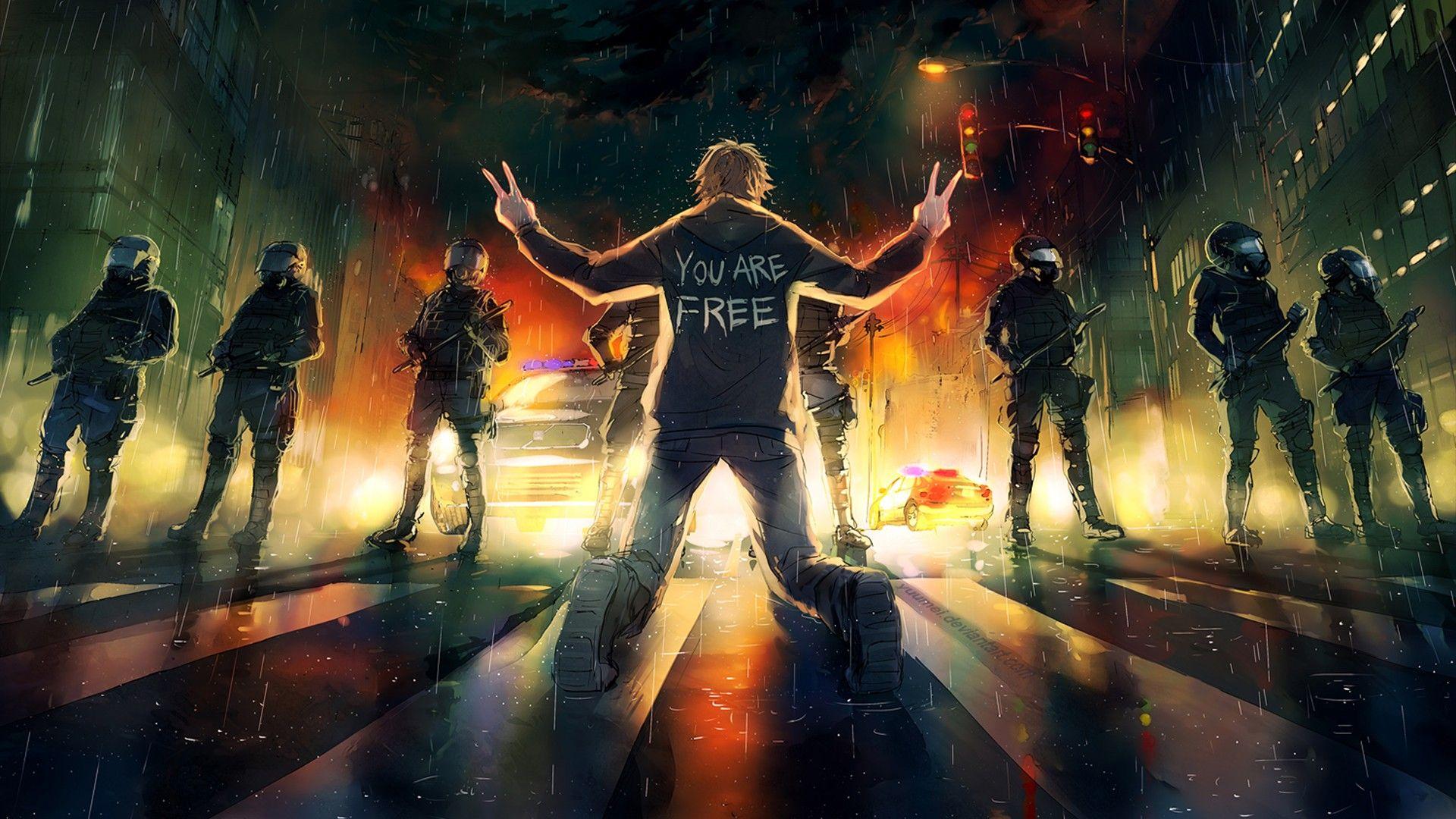 1920x1080 riot, police, slogan, artwork wallpaper