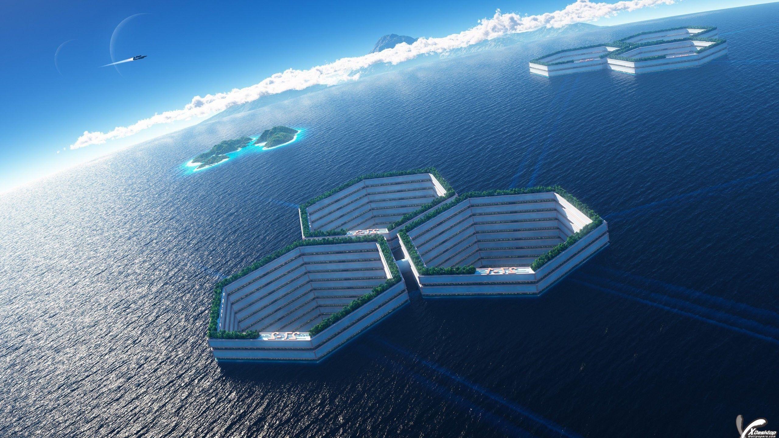 2560x1440 Hexagonal Tunnels In The Ocean Wallpaper