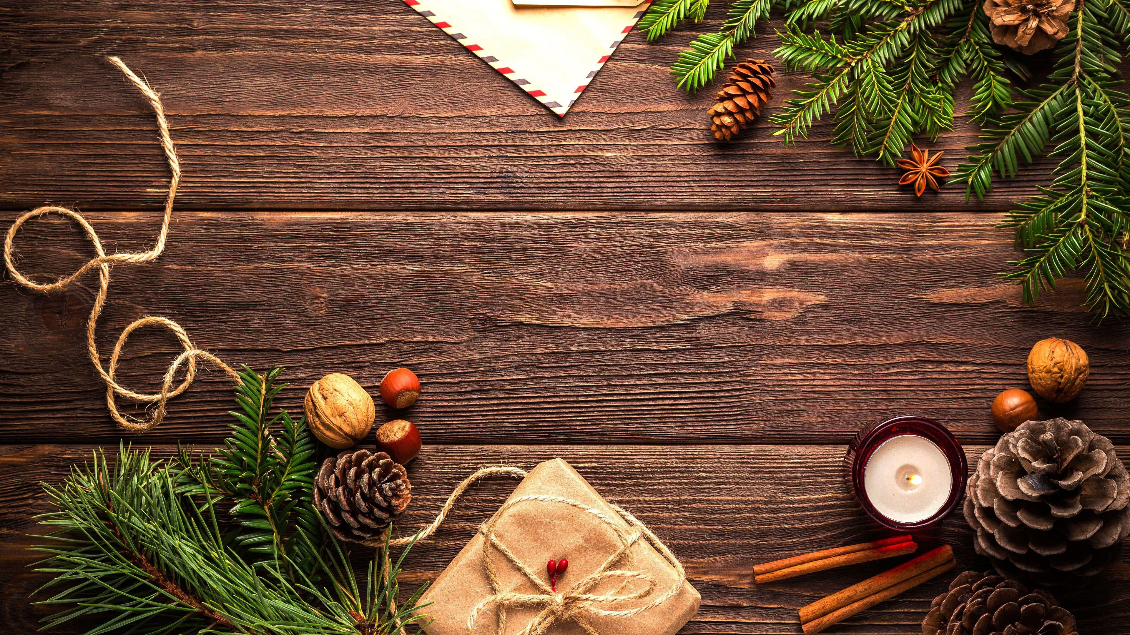 3840x2160 Wood Table Christmas Decorations UHD 4K Wallpaper