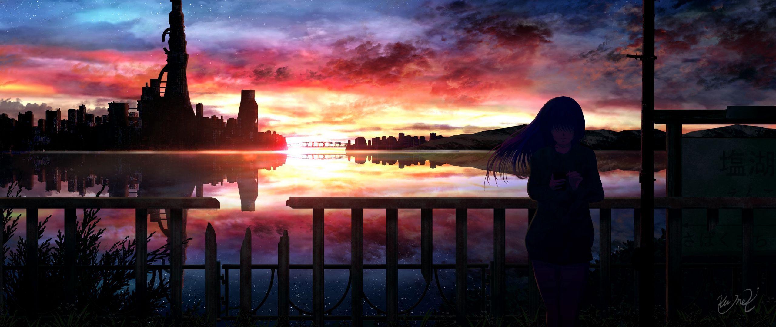 2560x1080 Download wallpaper 2560x1080 silhouette, night, starry sky, girl, anime dual wide 1080p HD background