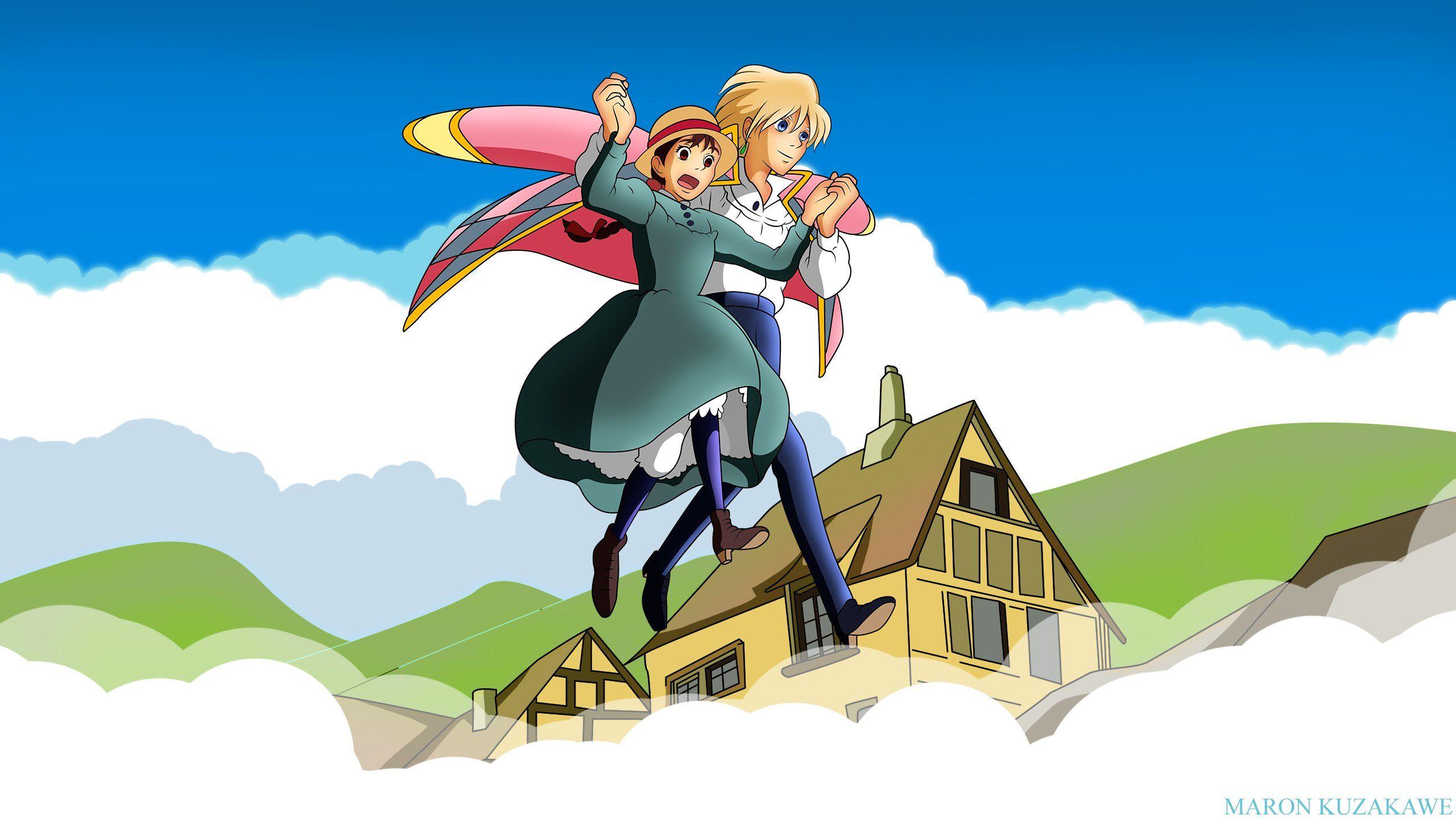 2560x1440 Blonde hair building clouds dress ghibli hat howls moving castle kuzakawe maron male sophie hatter wallpaperx1440