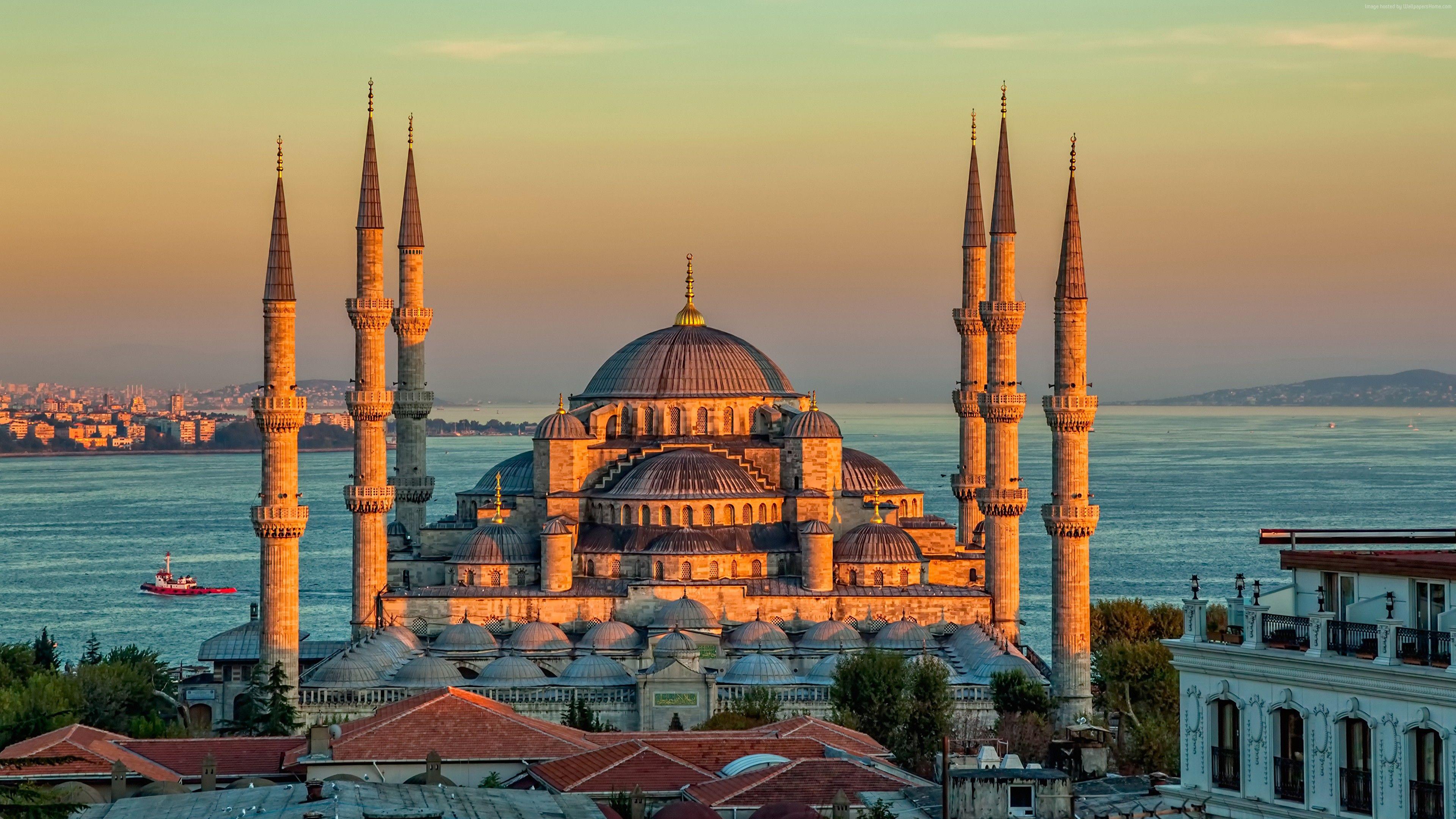 3840x2160 Hình nền Nhà thờ Hồi giáo Sultan Ahmed, Thổ Nhĩ Kỳ, Istanbul, bình Minh, 4k