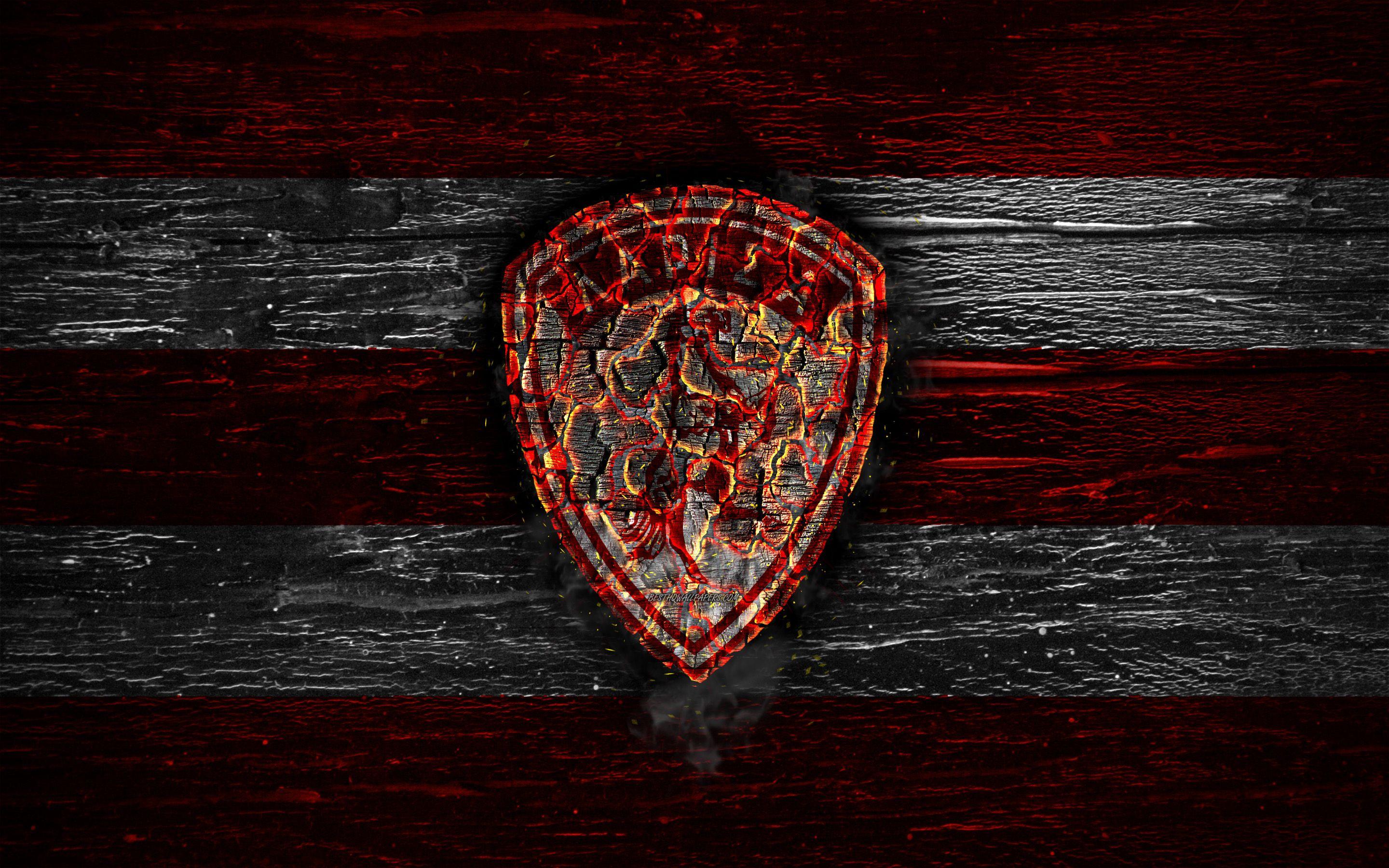 2880x1800 Download wallpaper AEL Larissa FC, fire logo, Greece Super League, maroon and white lines, greek football club, grunge, football, soccer, AEL Larissa logo, wooden texture, Greece for desktop with resolution 2880x1800. High