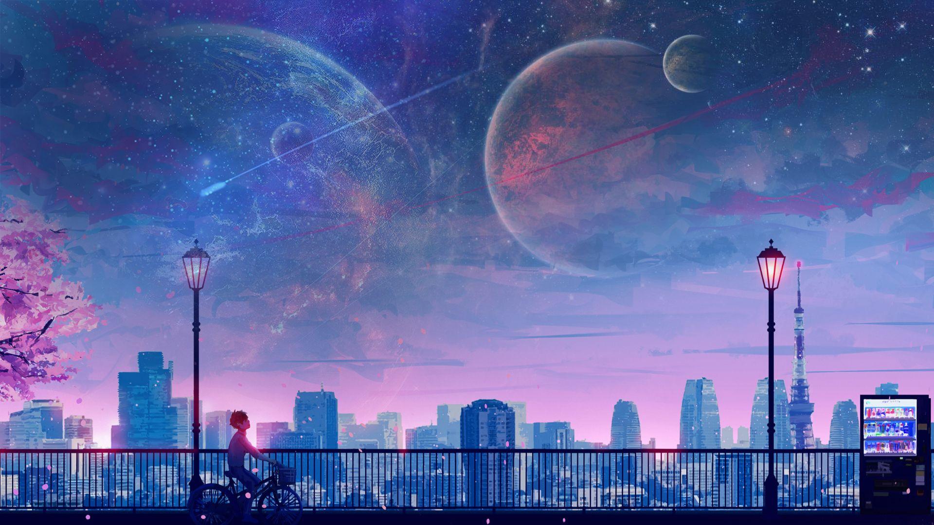 1920x1080 Anime Tokyo Tower Lantern Planet Shooting Stars Cityscape Sakura Tree Vending Machine Wallpaper:1920x1080