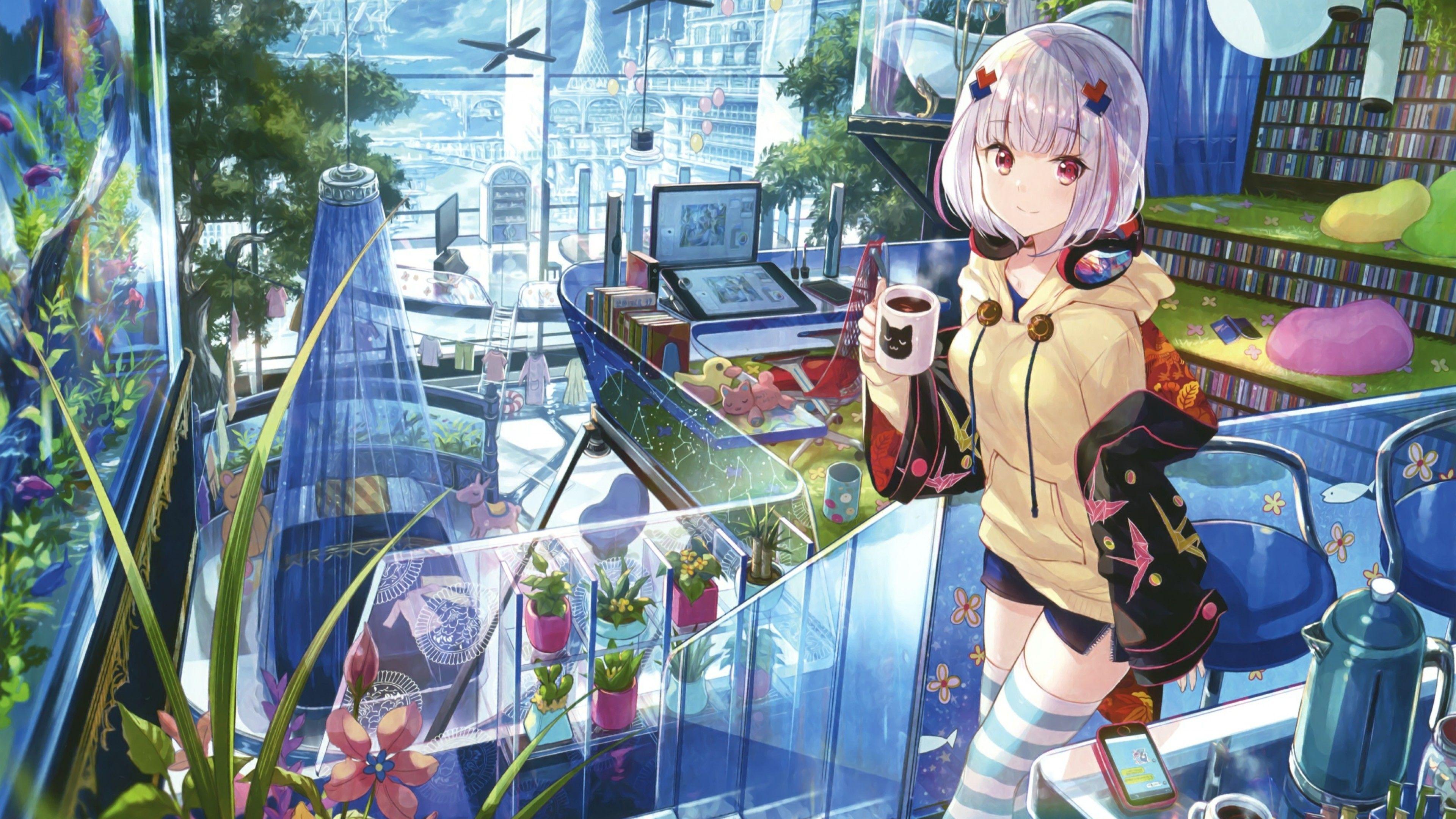3840x2160 Download 3840x2160 Anime Girl, Futuristic City, Computer, Short Hair, Coffee Wallpaper for UHD TV