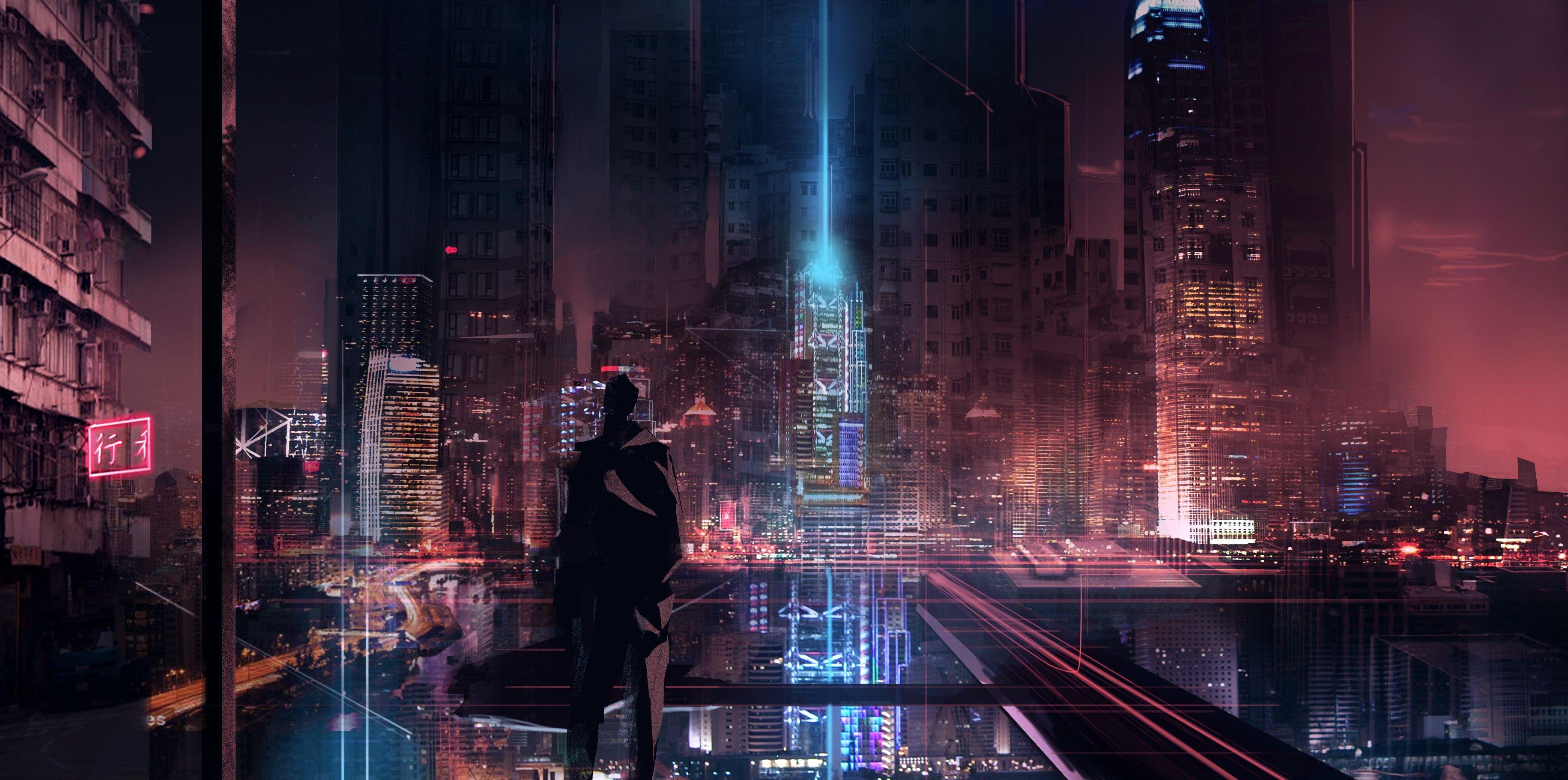 3661x1822 #Dark City, #futuristic, #cyber city, wallpaper