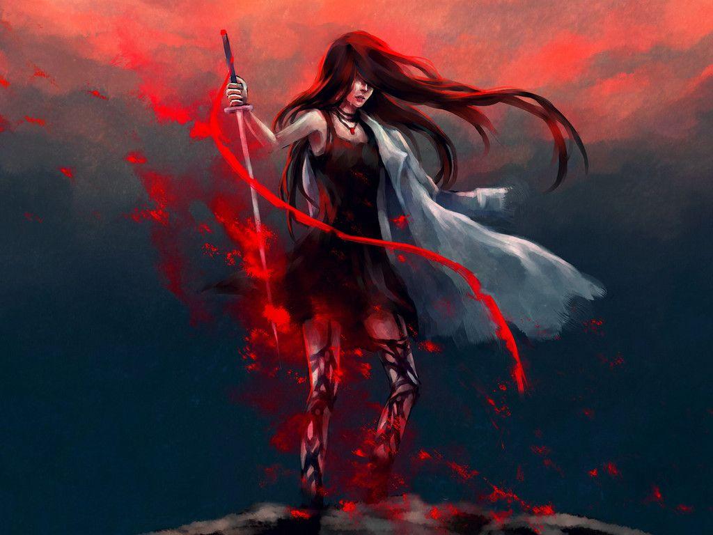 1024x768 Anime Girl Katana Warrior With Sword Wallpaper
