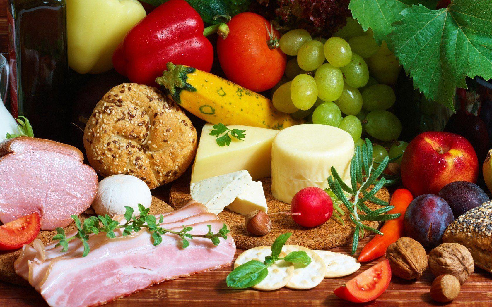 1680x1050 Fruits food meat cheese bread grapes nuts tomatoes peppers wallpaperx1050
