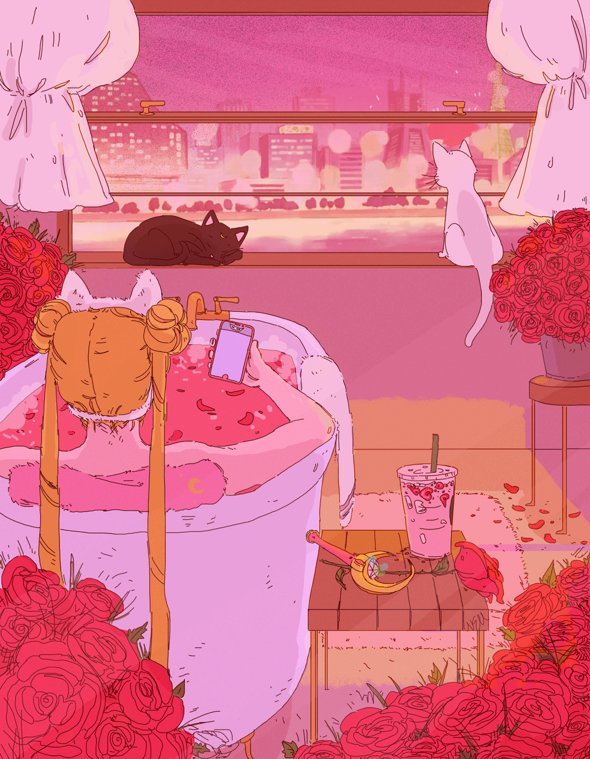 1200x1543 Anime, Cat, And Cellphone Image Moon Gif