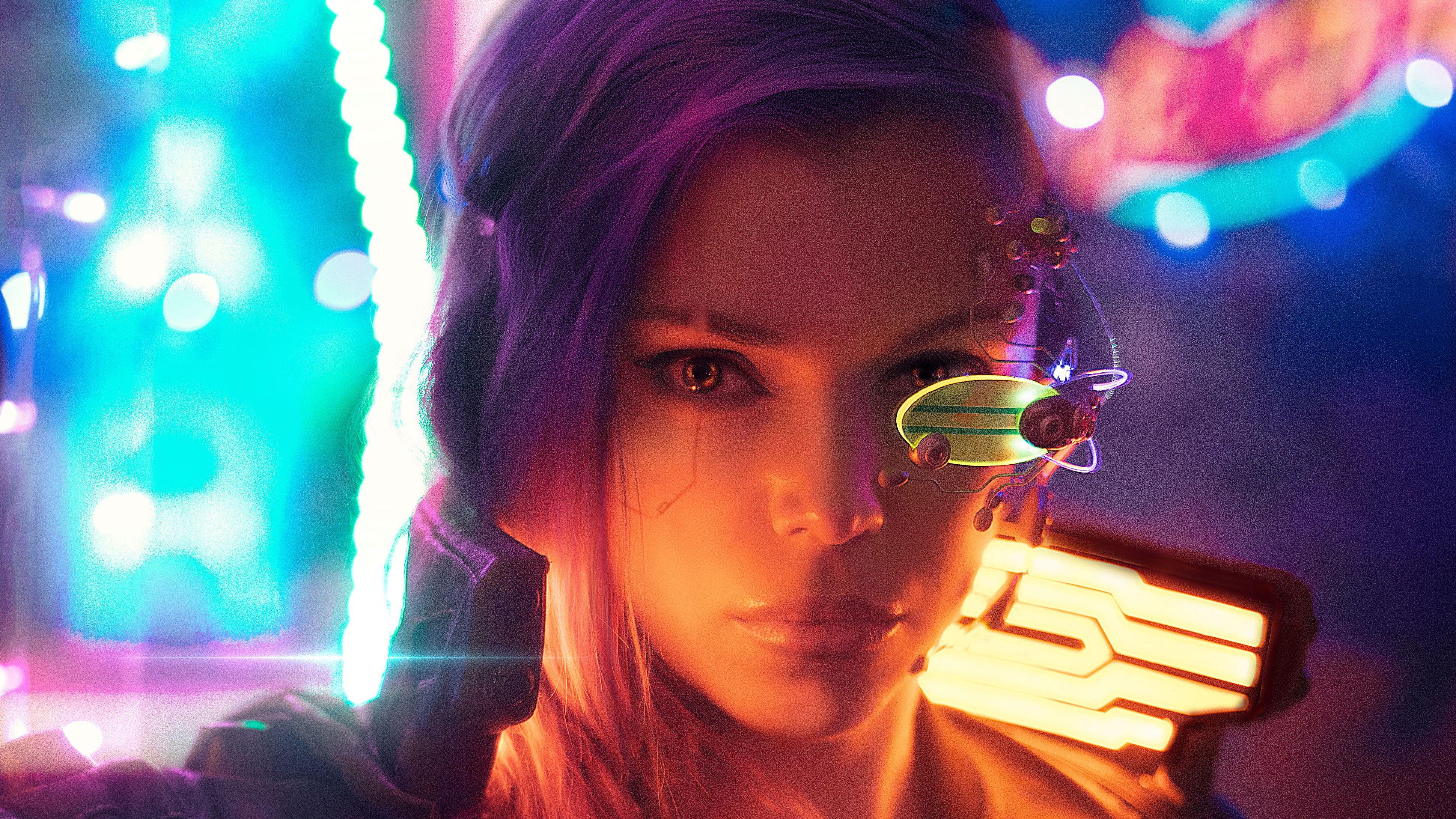 3879x2182 Girl, Purple Hair, Face, Woman, Cyberpunk wallpaper