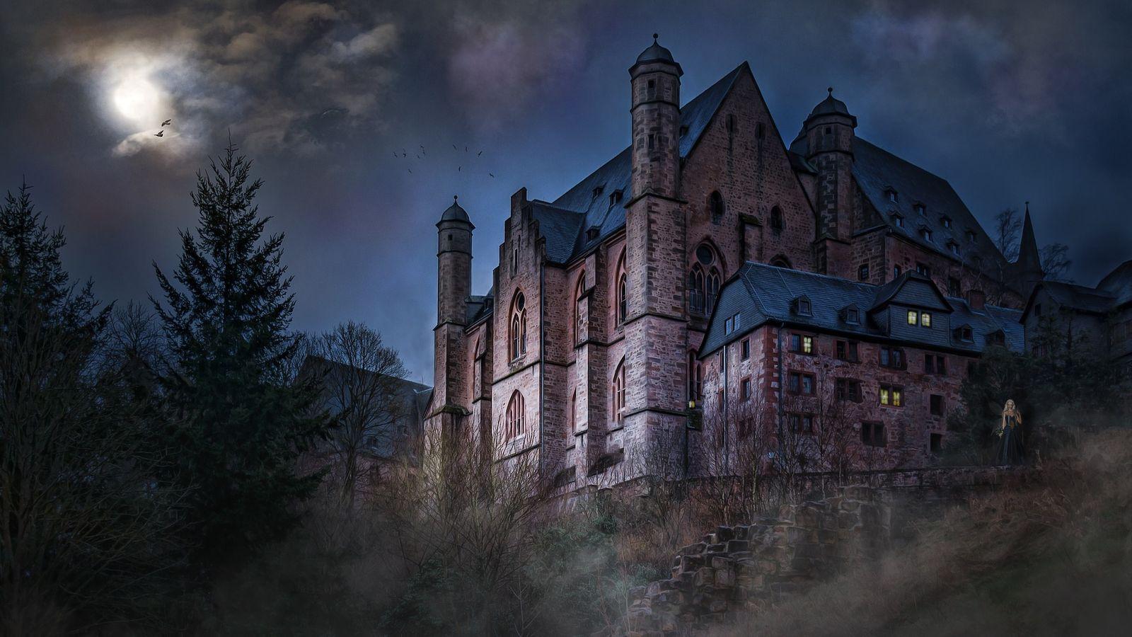 1600x900 Scary Haunted Castle and Night Sky Wallpaper