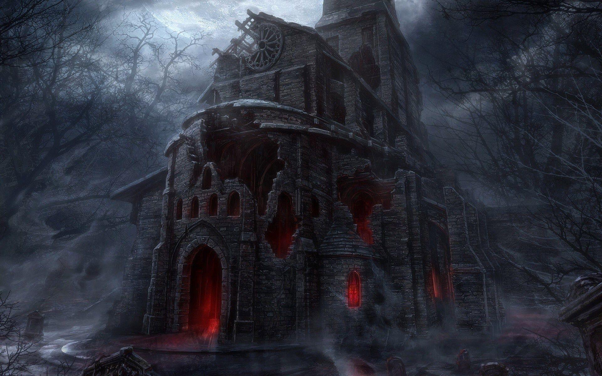 1920x1200 Wallpaper Scary castle at night, trees, art picture 1920x1200 HD Picture, Image
