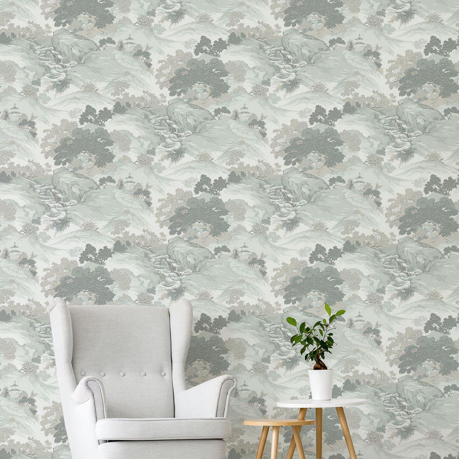 1600x1600 CROWN ARCHIVES ORIENTAL LANDSCAPE WALLPAPER BLUE YELLOW NATURAL