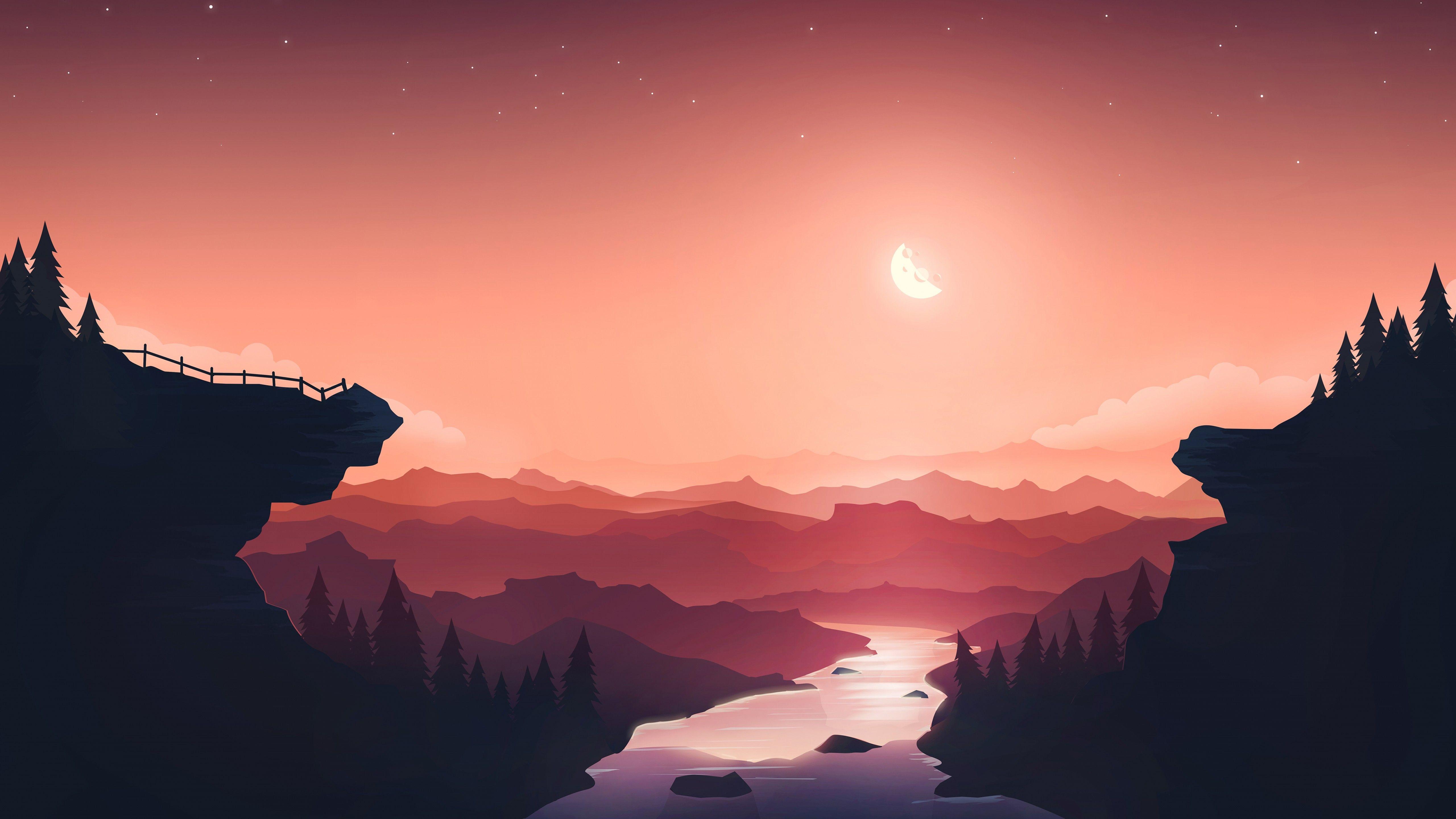 5120x2880 Sunset 4K Wallpaper, Moon, River, Mountains, Gradient background, Peach background, Nature
