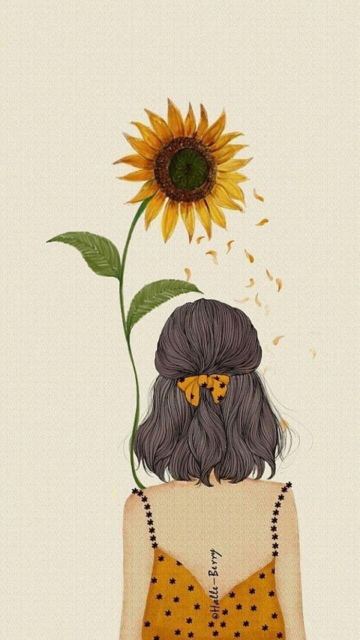 700x1244 Girl With Black Hair Yellowe Dress Holding A Sunflower Flower Doodles White Background. Drawing Wallpaper, Flower Drawing, Art Wallpaper