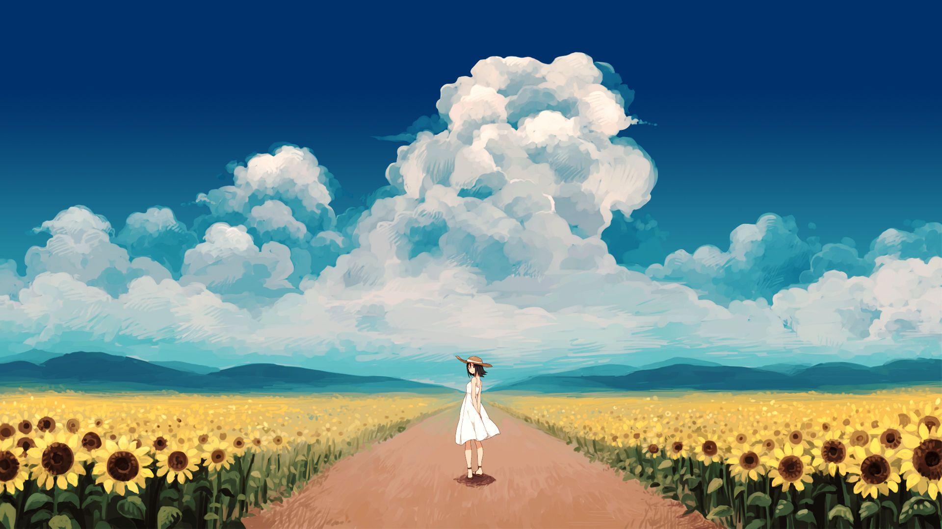 1920x1080 Anime Girl And Sunflower Fields HD Wallpaperx1080
