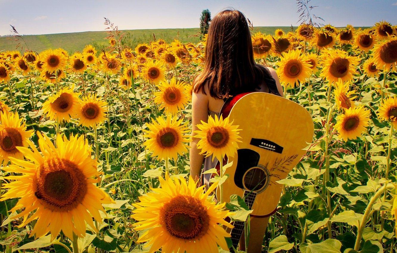 1332x850 Wallpaper summer, girl, sunflowers, nature, music, guitar image for desktop, section музыка