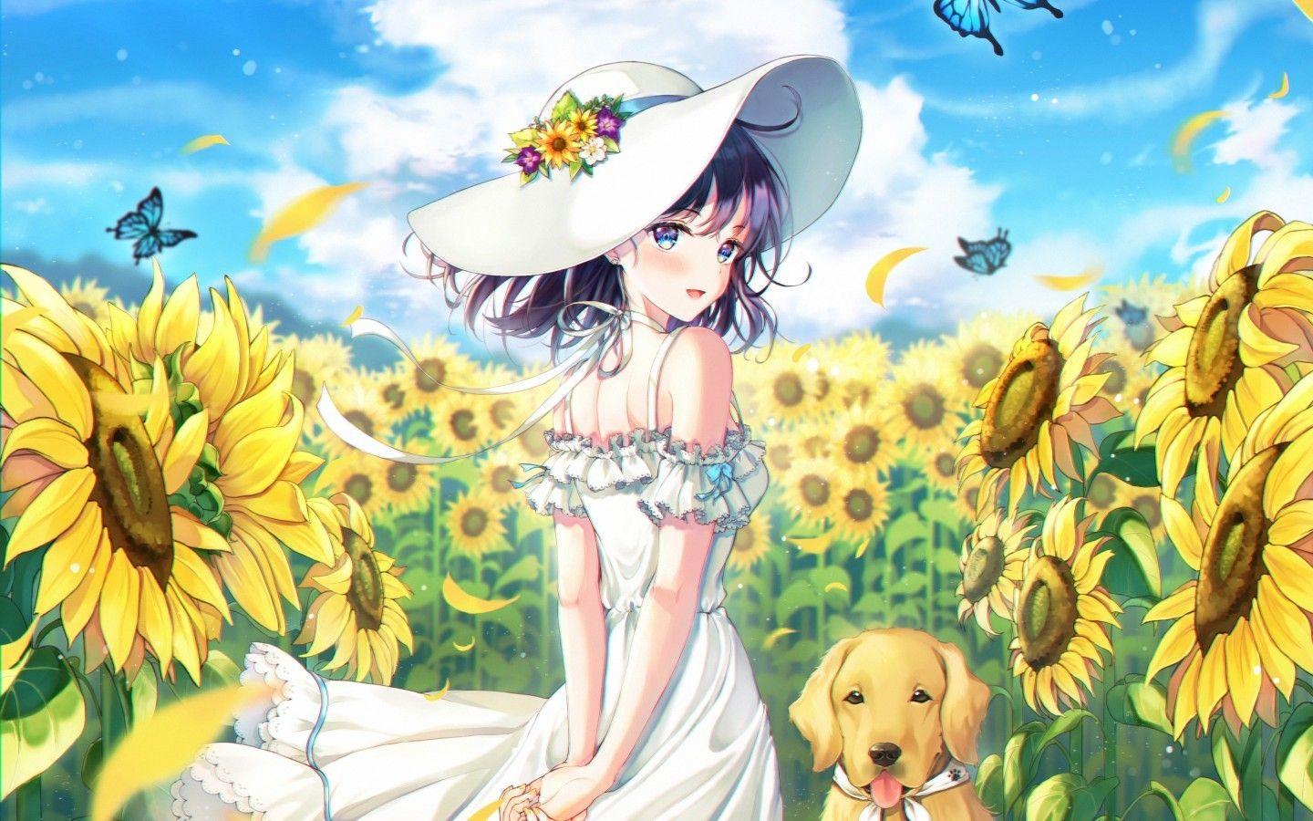 1440x900 Download 1440x900 Anime Girl, Summer Dress, Dog, Sunflower Field, Hat, Butterfly Wallpaper for MacBook Pro 15 inch, MacBook Air 13 inch