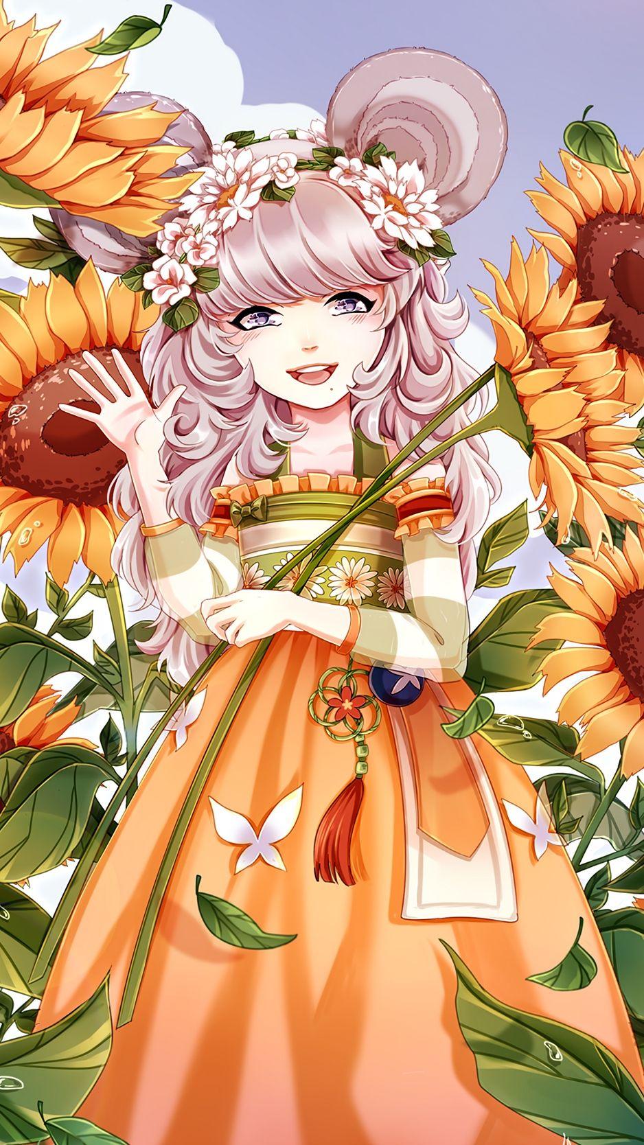 938x1668 Wallpaper Girl, Anime, Sunflowers, Art