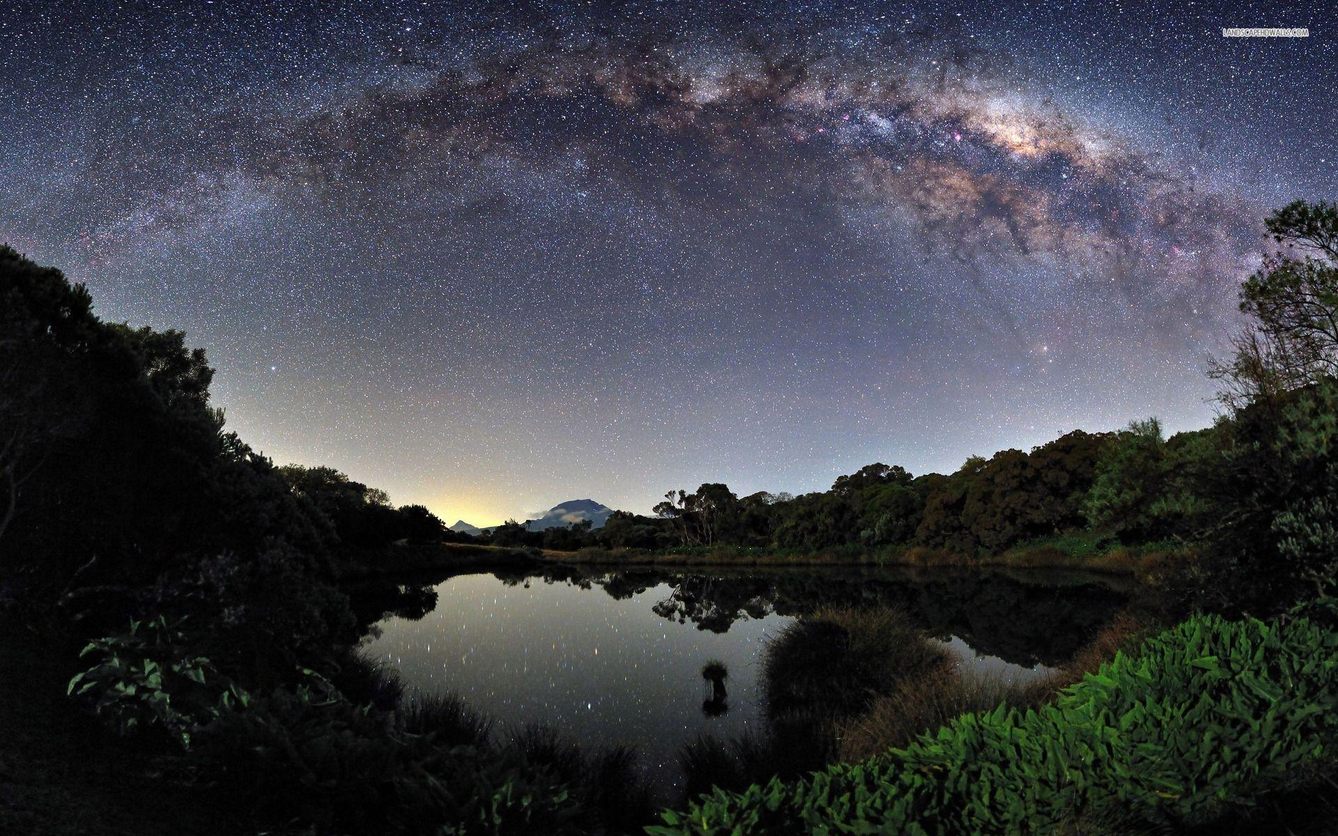 1920x1200 Milky Way Lake Forest Plants wallpaper. Milky Way Lake Forest Plants