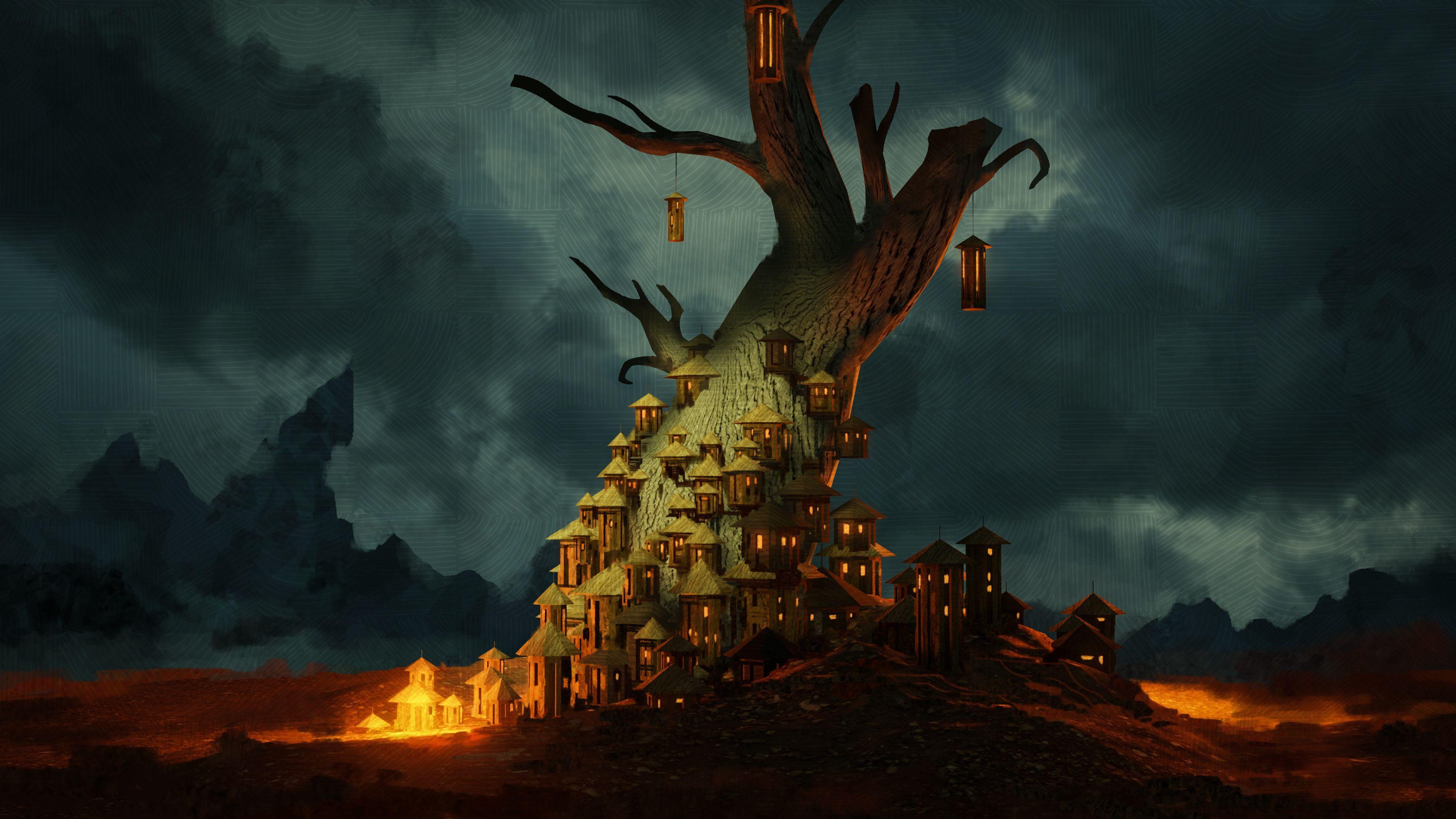 3840x2160 Download wallpaper 3840x2160 lanterns, fairytale, tree, fantasy, art HD background
