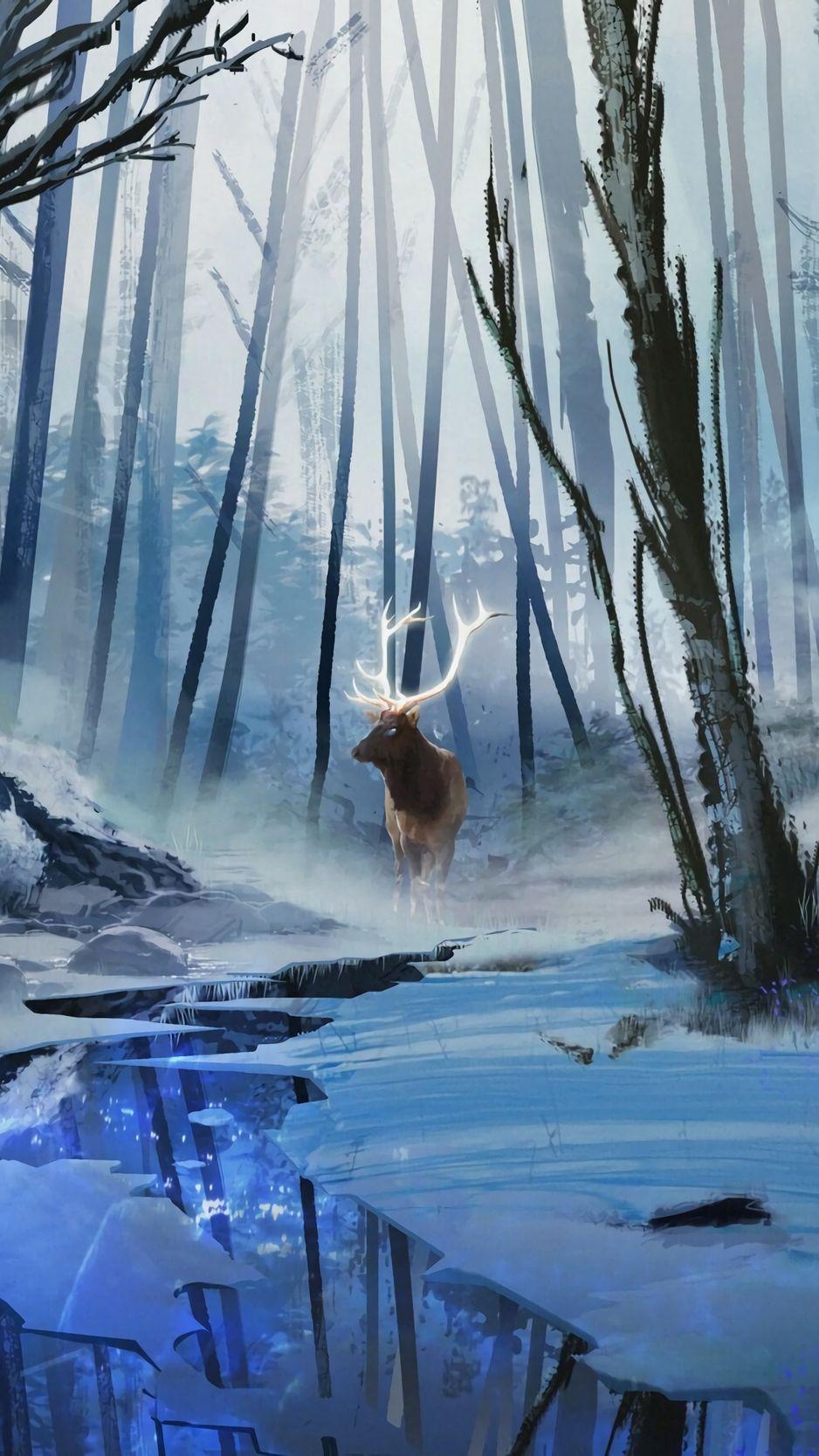 938x1668 Deer, art, forest, river, winter wallpaper. iPhone wallpaper winter, Winter wallpaper, Winter artwork