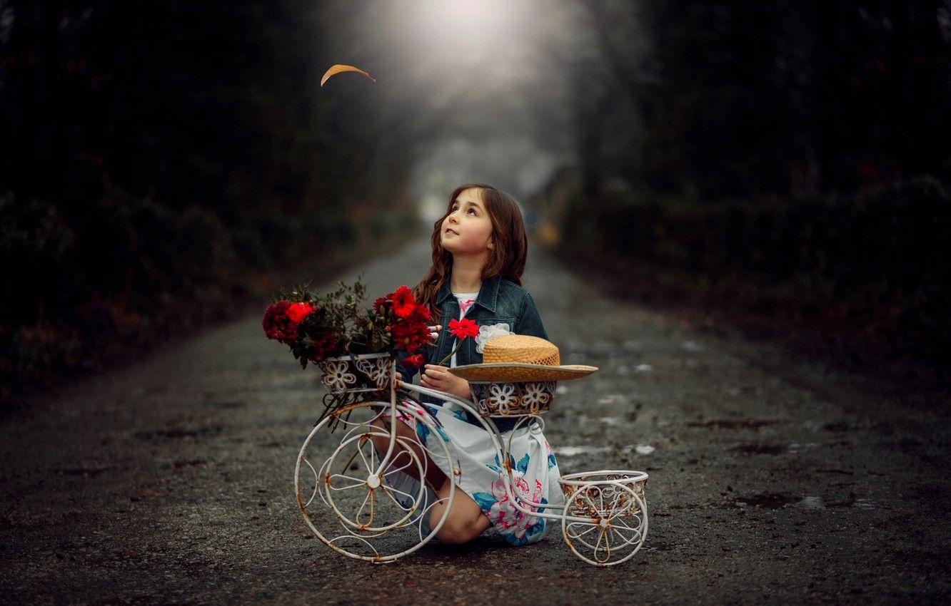 1332x850 Wallpaper road, flowers, bike, child, girl, girl, road, bike, flowers, child image for desktop, section настроения