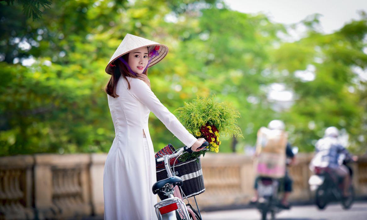 1167x700 Photography Bicycle Sensuality Sensual Woman Girl Asian Hat Flowers Wallpaperx2279