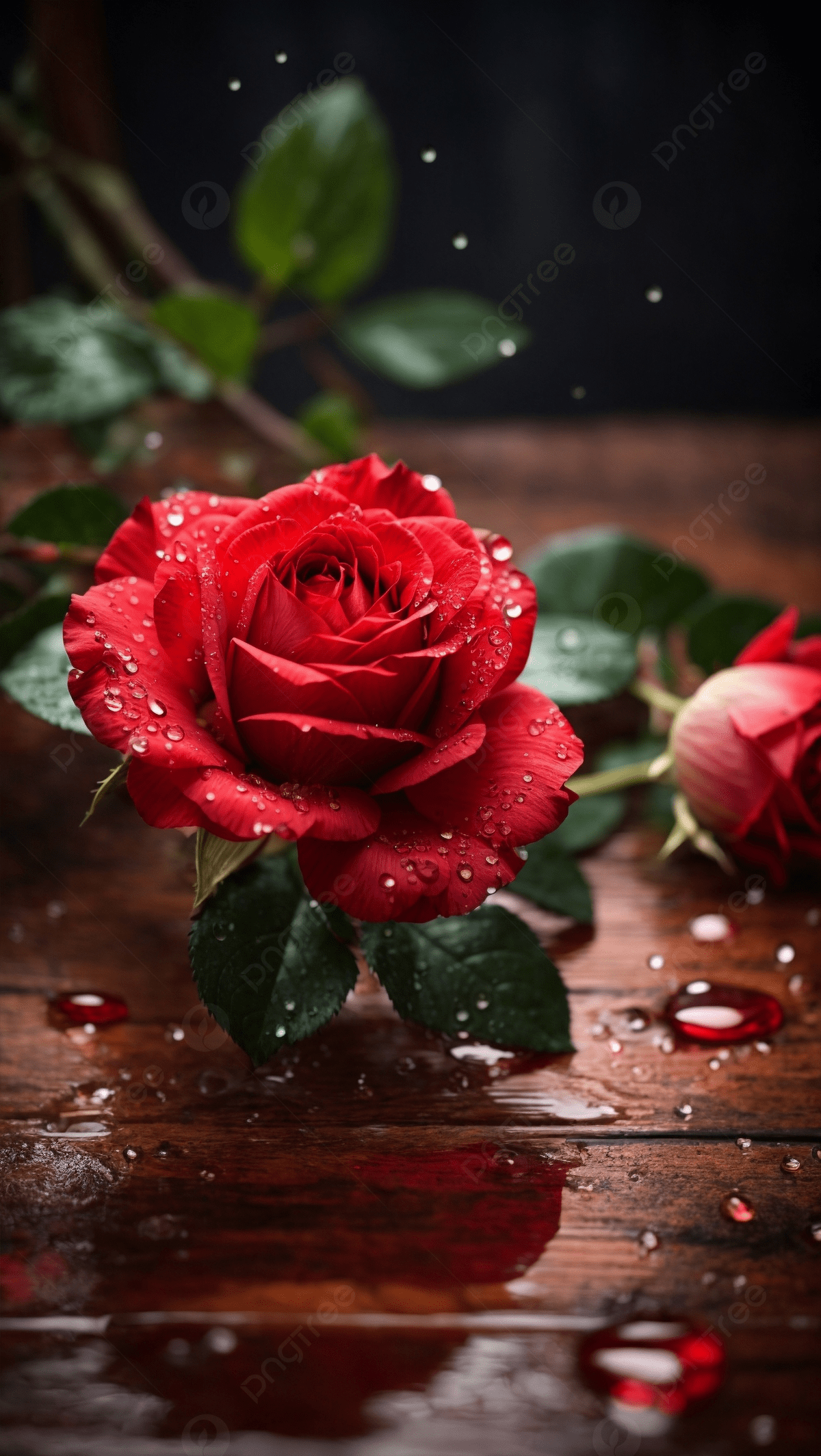 1200x2129 Fresh Look Single Red Rose Flower With Water Drops On The Wooden Table Background Wallpaper Image For Free Download