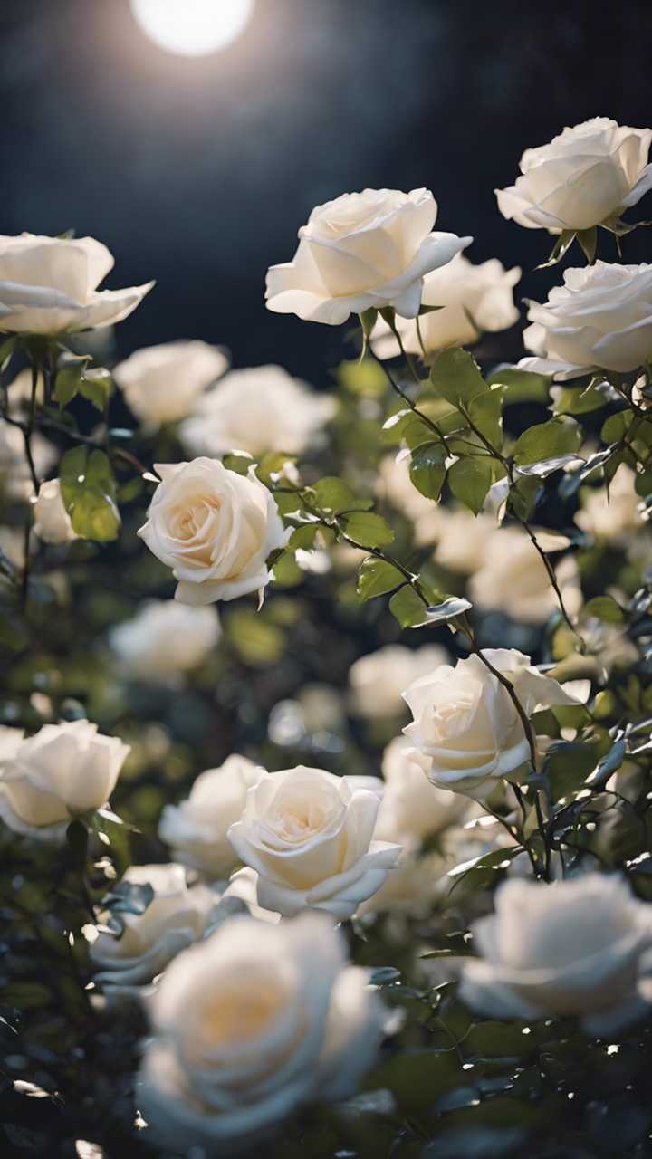 720x1280 A garden filled with white roses reflecting the soft moonlight. Wallpaper [af5c1e9155e24d4189cc]