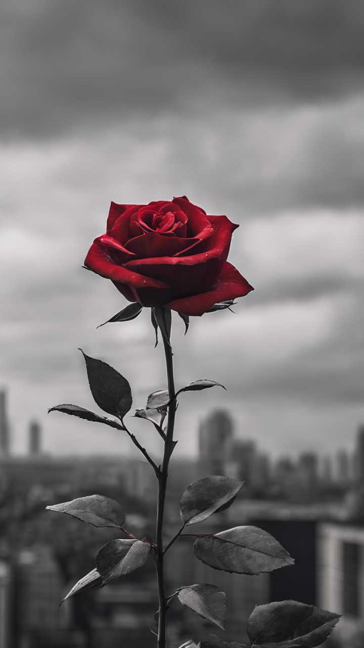 720x1280 A single red rose against a stark monochromatic skyline, showcasing a blend of traditional and modern aesthetics. Wallpaper [06755ed57f674bb9bcbb]