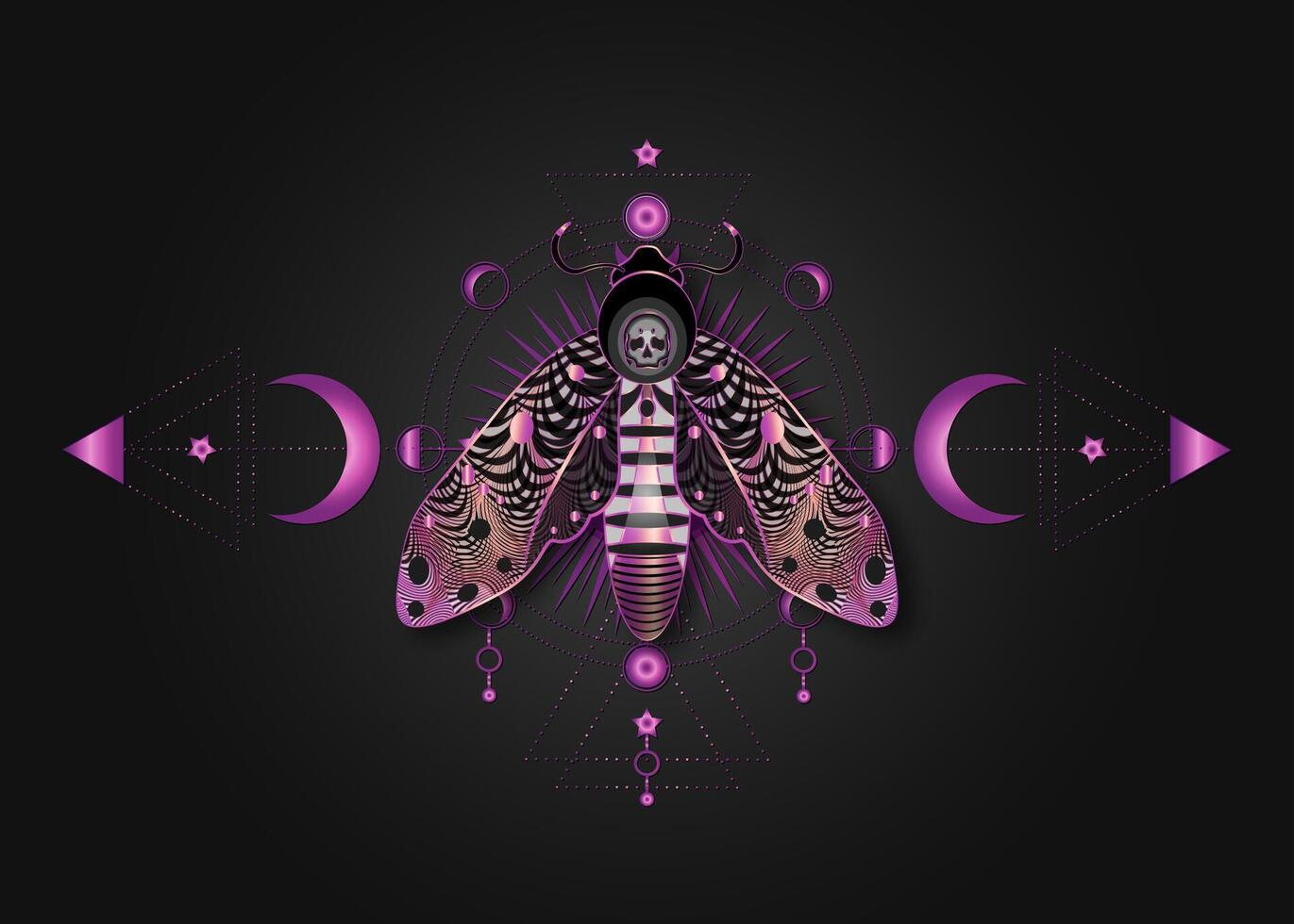 1371x980 The death's head moth on Sacred Geometry. Night mystical butterfly with a skull and Moon Phases. Purple luxury vector illustration of celestial Acherontia winged insect isolated on black background 38086752 Vector Art