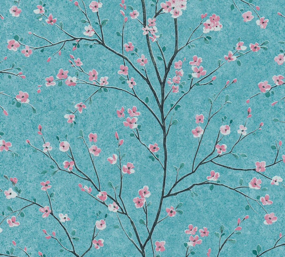 1000x900 Non Woven Wallpaper Cherry Blossom Blue Pink 37912 3