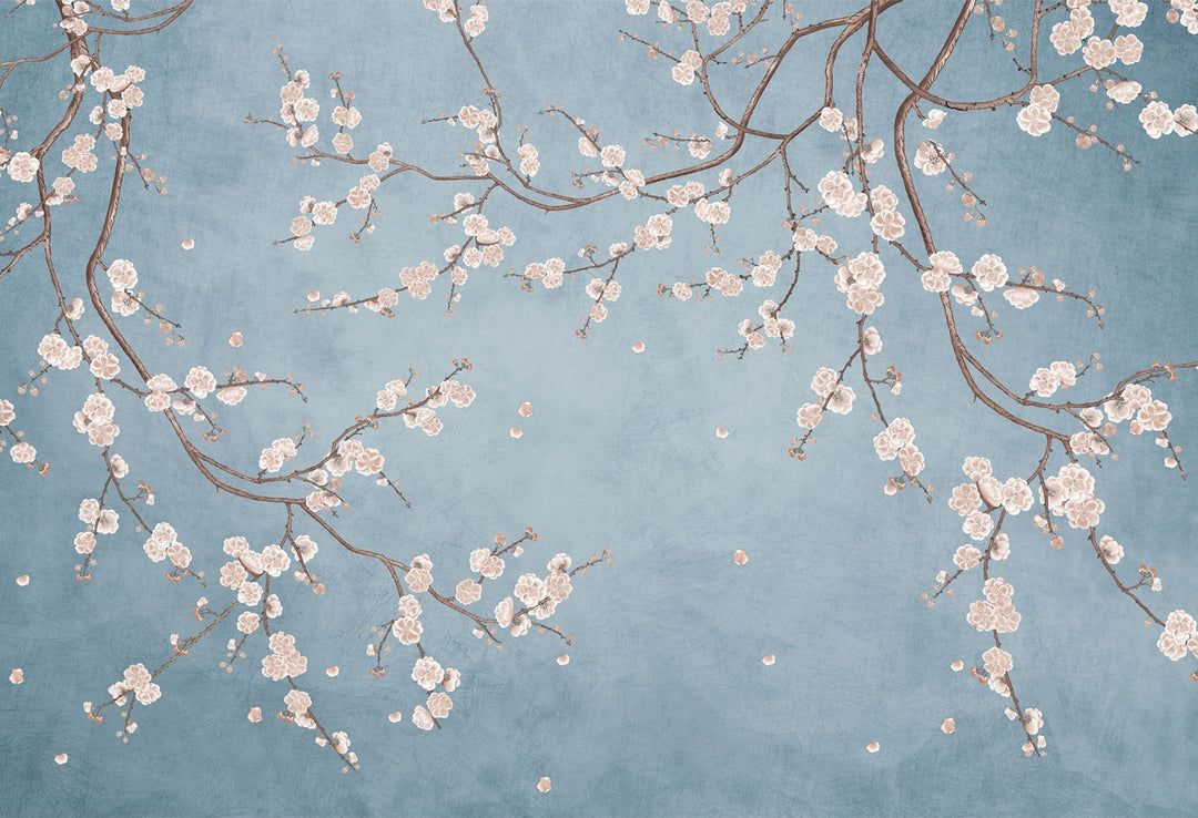 1080x738 Blue cherry blossom wall mural. Chinoiserie wallpaper