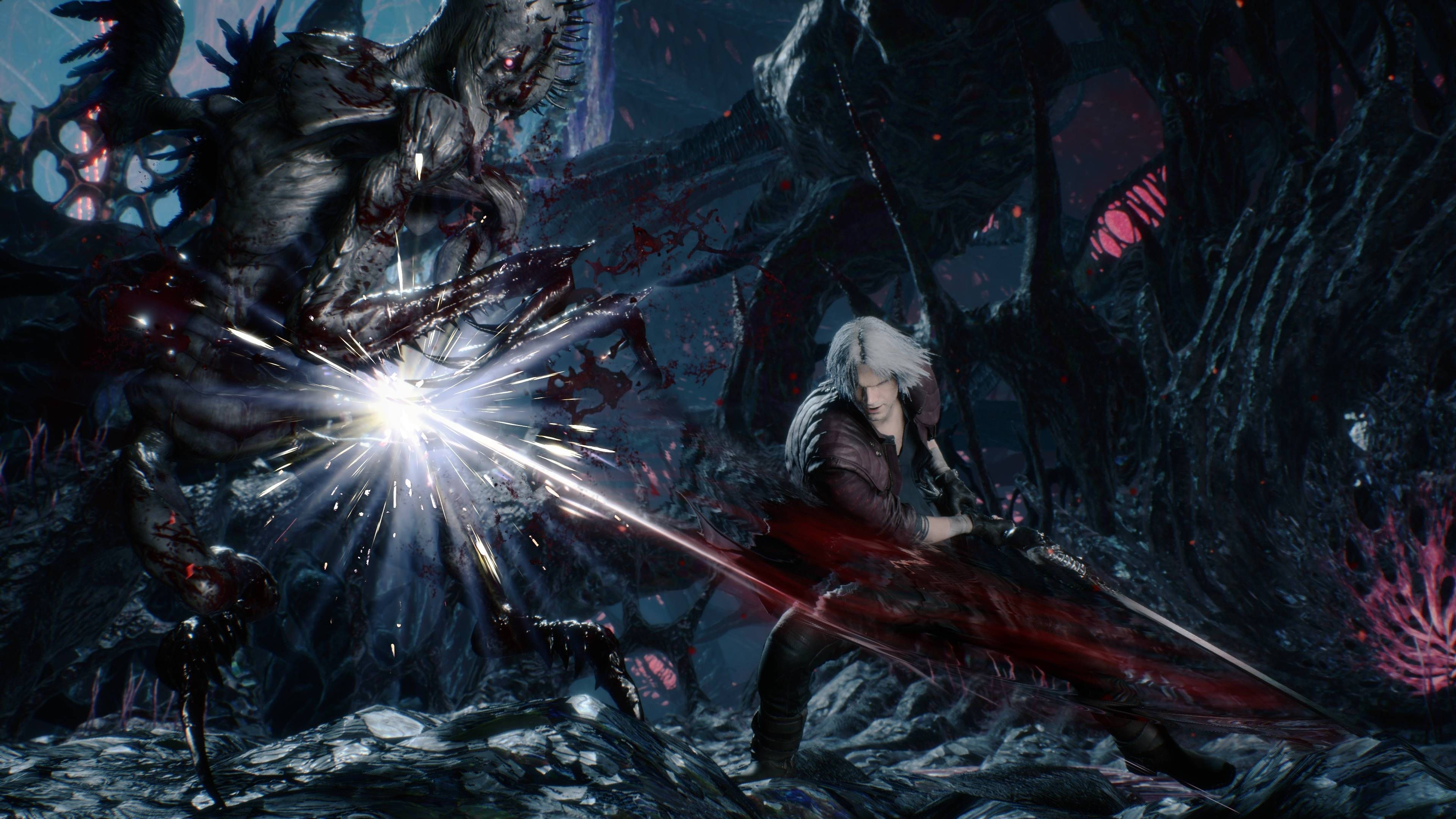 3840x2160 Download Dante using the Devil Sword Sparda to fight off the demons in Devil May Cry 5. Wallpaper