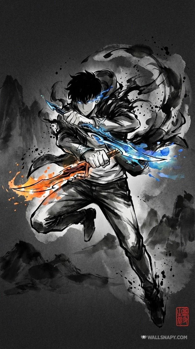 768x1376 Sung jin woo with dual daggers in black and white style art solo leveling 4k mobile wallpaper