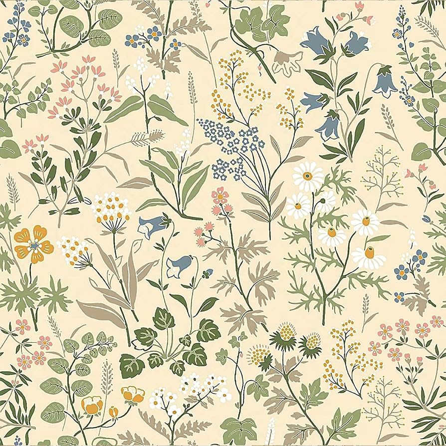 894x894 VEELIKE Cream Cottage Floral Peel and Stick Wallpaper Vintage Meadow Flower Wallpaper for Bedroom Girls Room Bathroom 17.7''x118'' Removable Wall Paper Floral Contact Paper for Cabinets Shelves Drawer