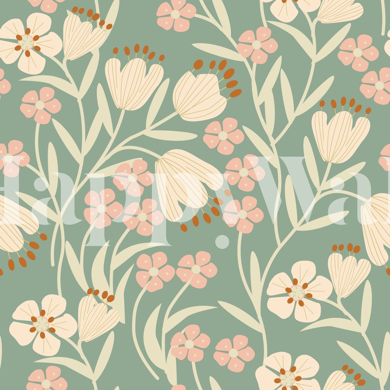 1600x1600 Cream Floral Wallpaper on Sage Green