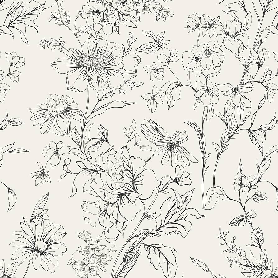 894x894 Hopepak Black and Cream White Wallpaper Floral Peel and Stick Wallpaper 17.3 x 78.7 Self Adhesive Removable Vintage Wall Paper for Bedroom Flower Boho Contact Paper for Cabinets Drawers Vinyl
