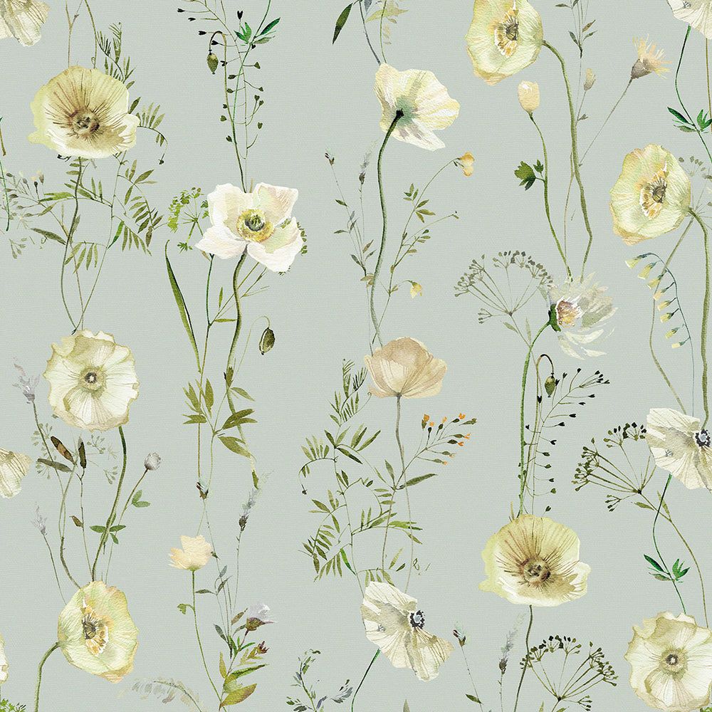 1000x1000 Delicate Stems Wallpaper in Shades of Cream on Seafoam Green