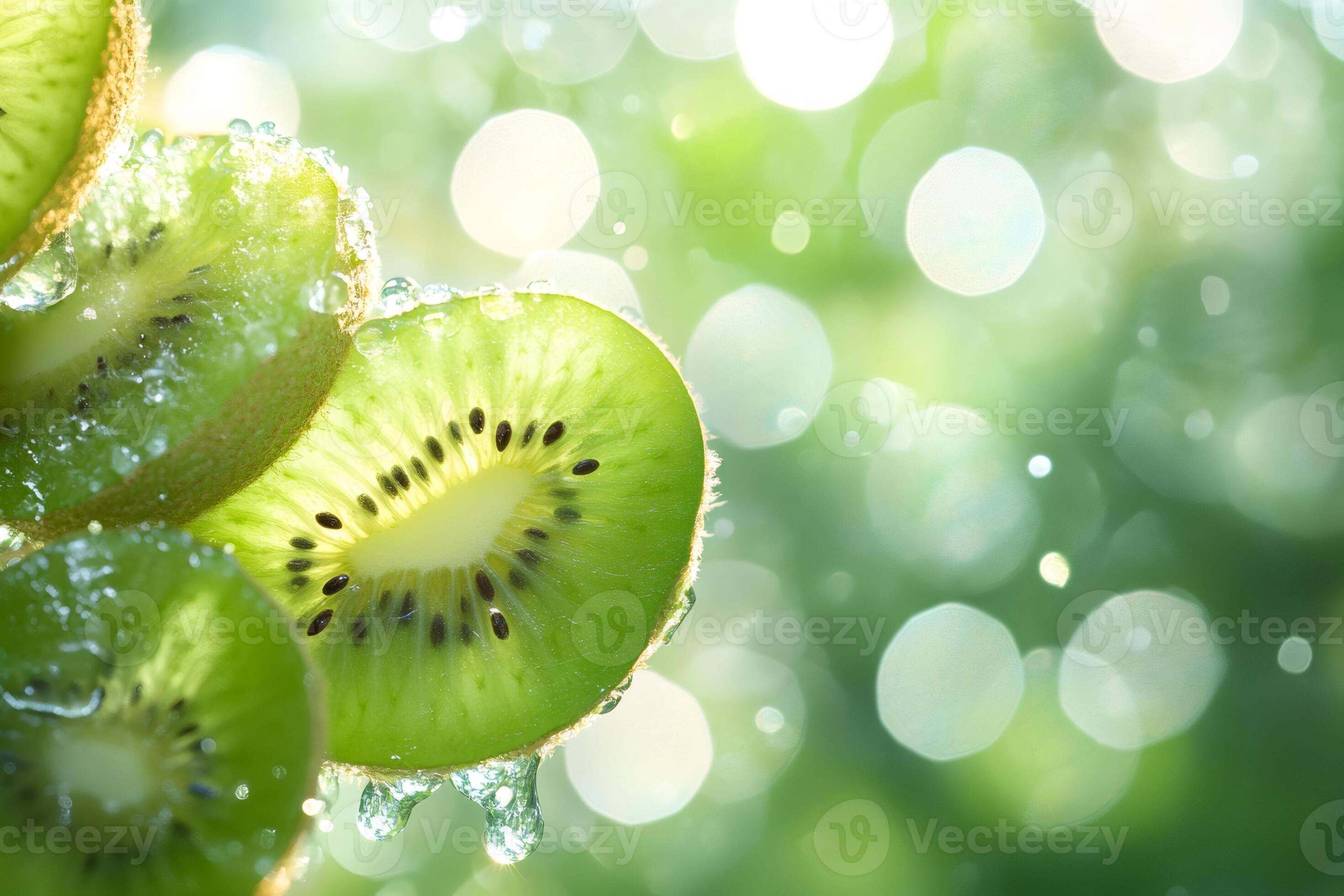 2940x1960 Fresh kiwi slices dripping with water on a blurred green background